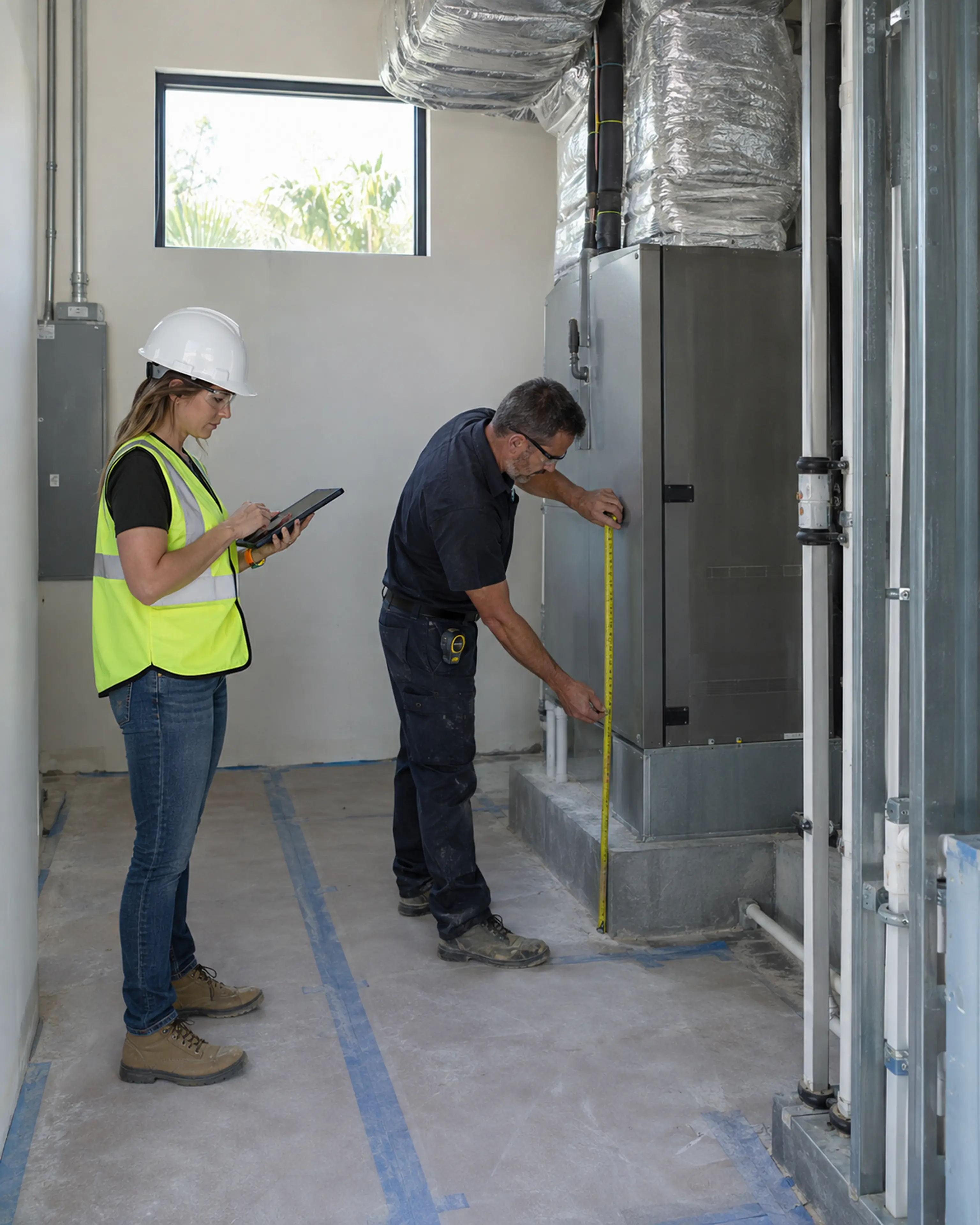 HVAC technician and site superintendent checking mechanical equipment dimensions in a Coastal Contemporary renovation.