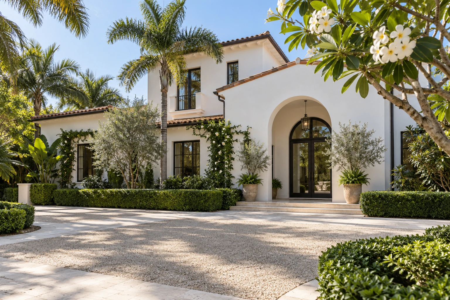 Contemporary Mediterranean arrival with white stucco, arched entry and tropical landscaping — RENOVA design concept.