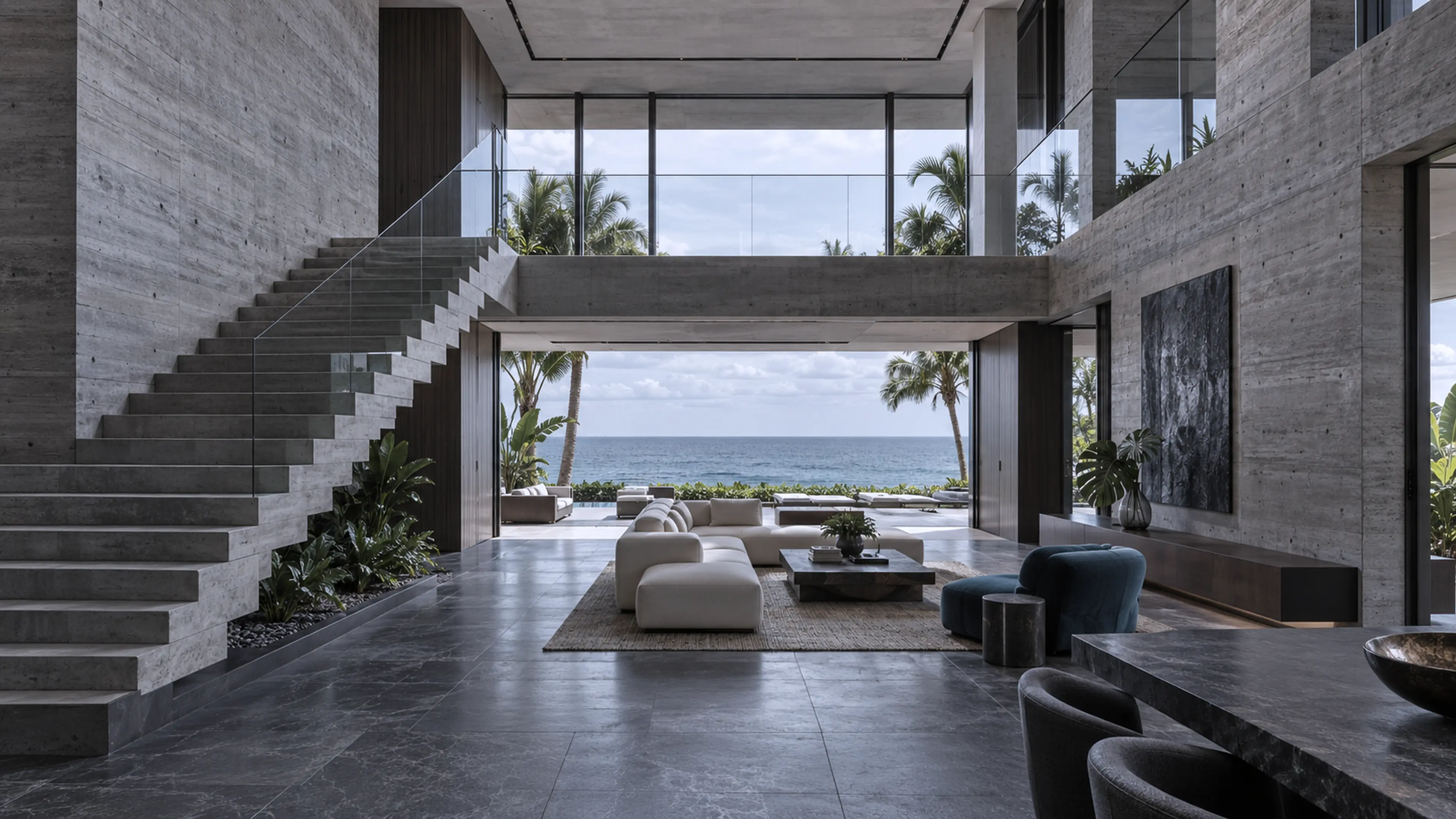 Sculptural contemporary stair with glass balustrades and a double-height waterfront outlook.