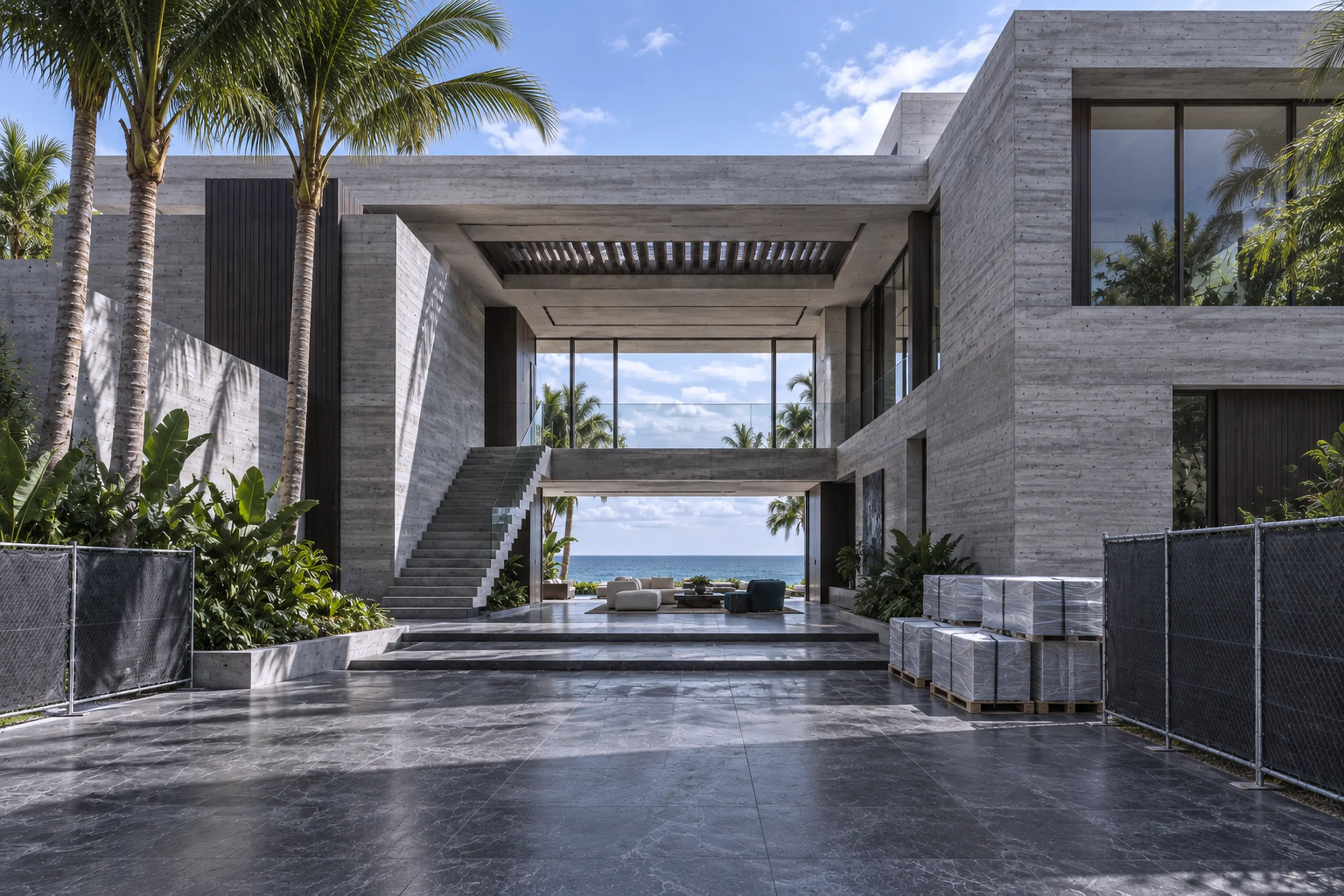 Organized late-stage construction site at the technically complex oceanfront residence.