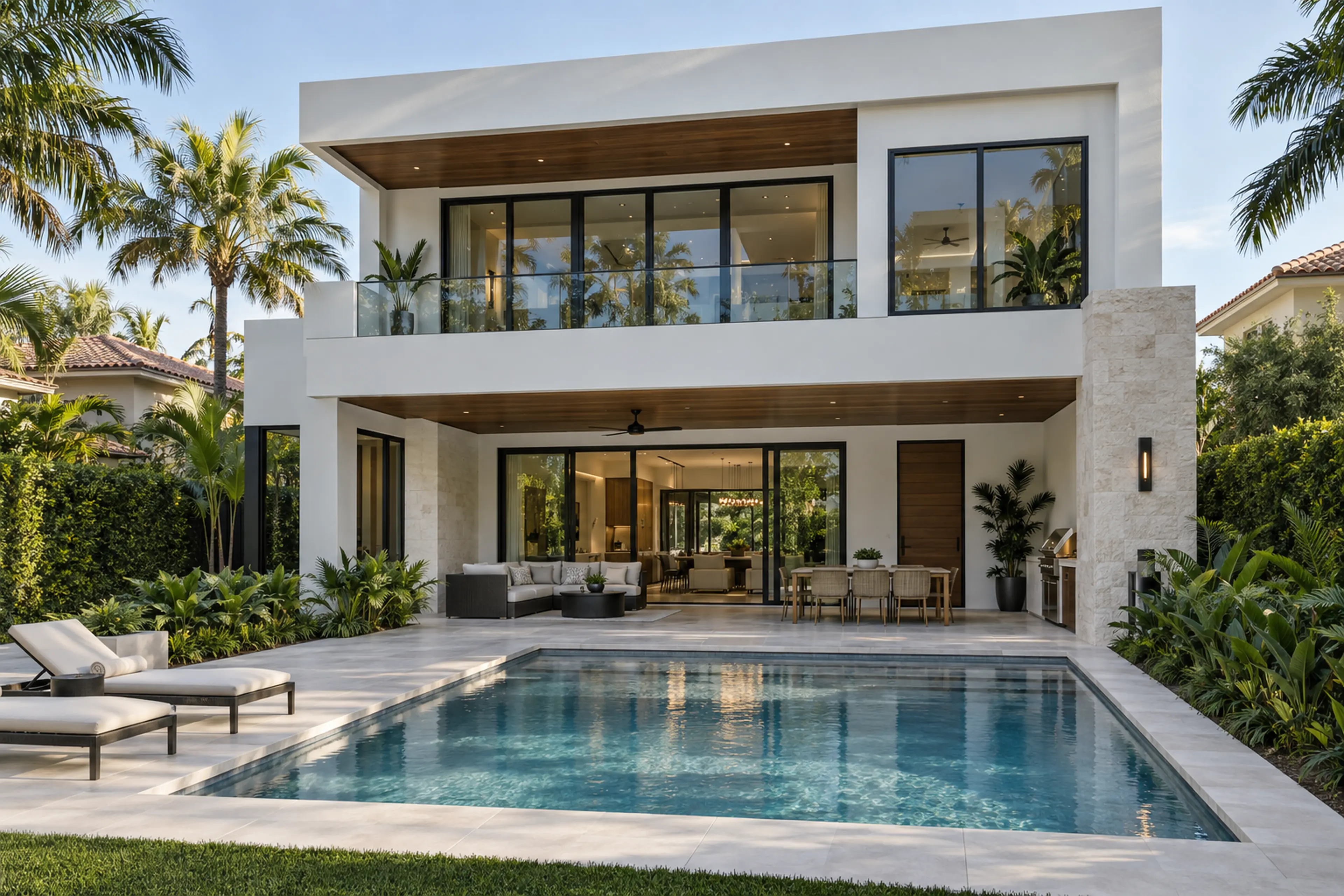 Miami Modern custom home with crisp white volumes, walnut soffits, charcoal glazing, limestone, open loggia, and a compact linear pool.
