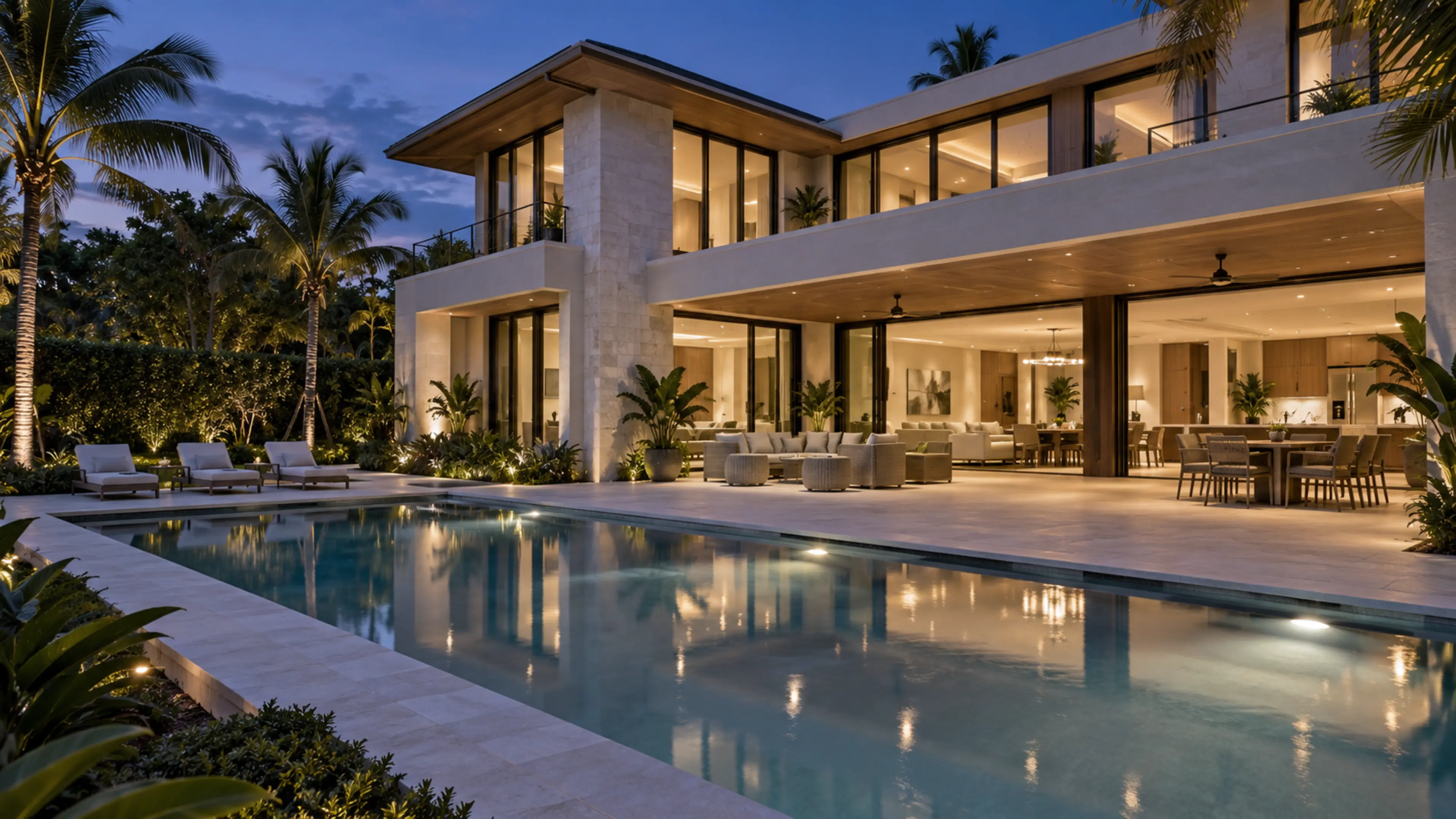 Completed rear elevation and linear pool at blue hour with warm interiors opening to the covered loggia.