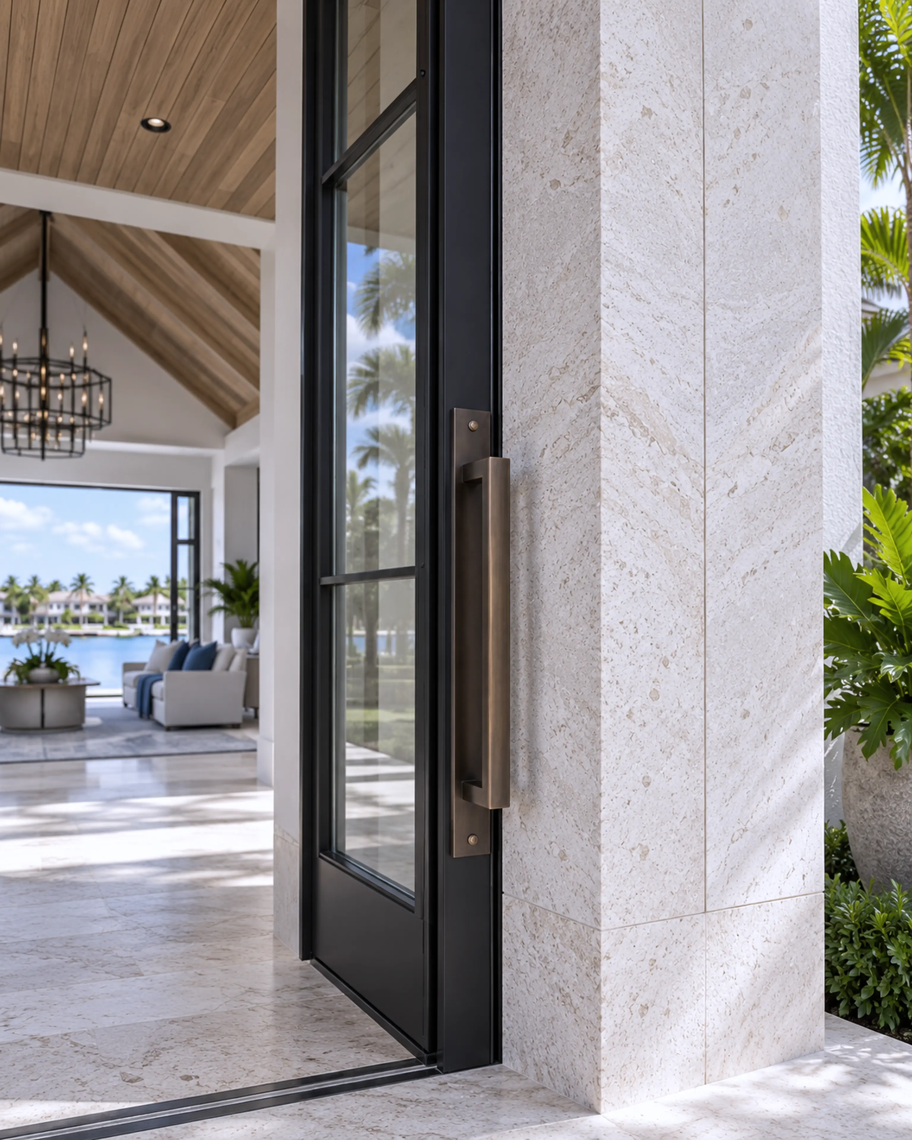 Modern entrance detail joining natural stone, timber, and slim dark glazing.