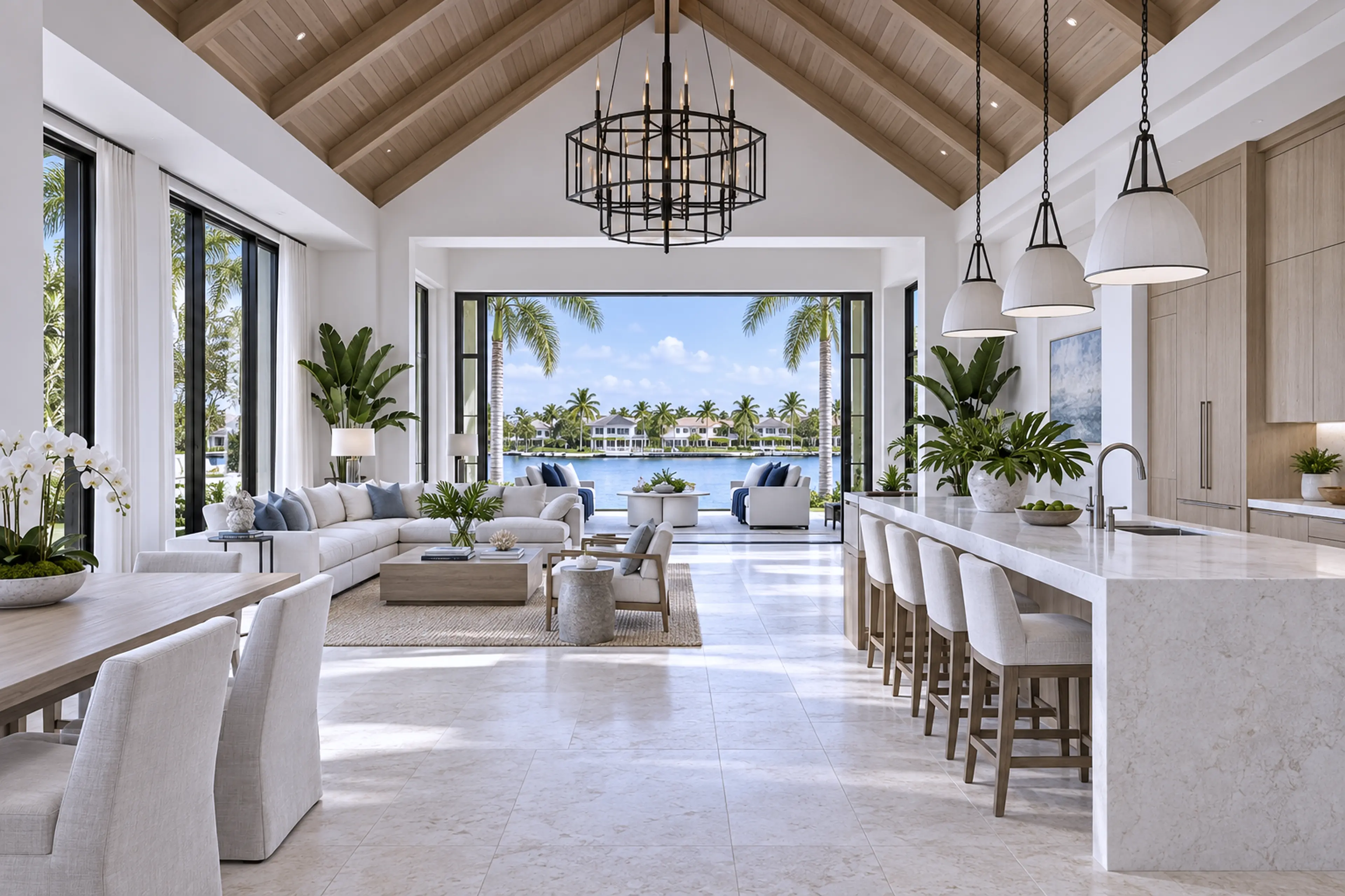 Contemporary kitchen and great room with simple timber cabinetry and waterfront views.