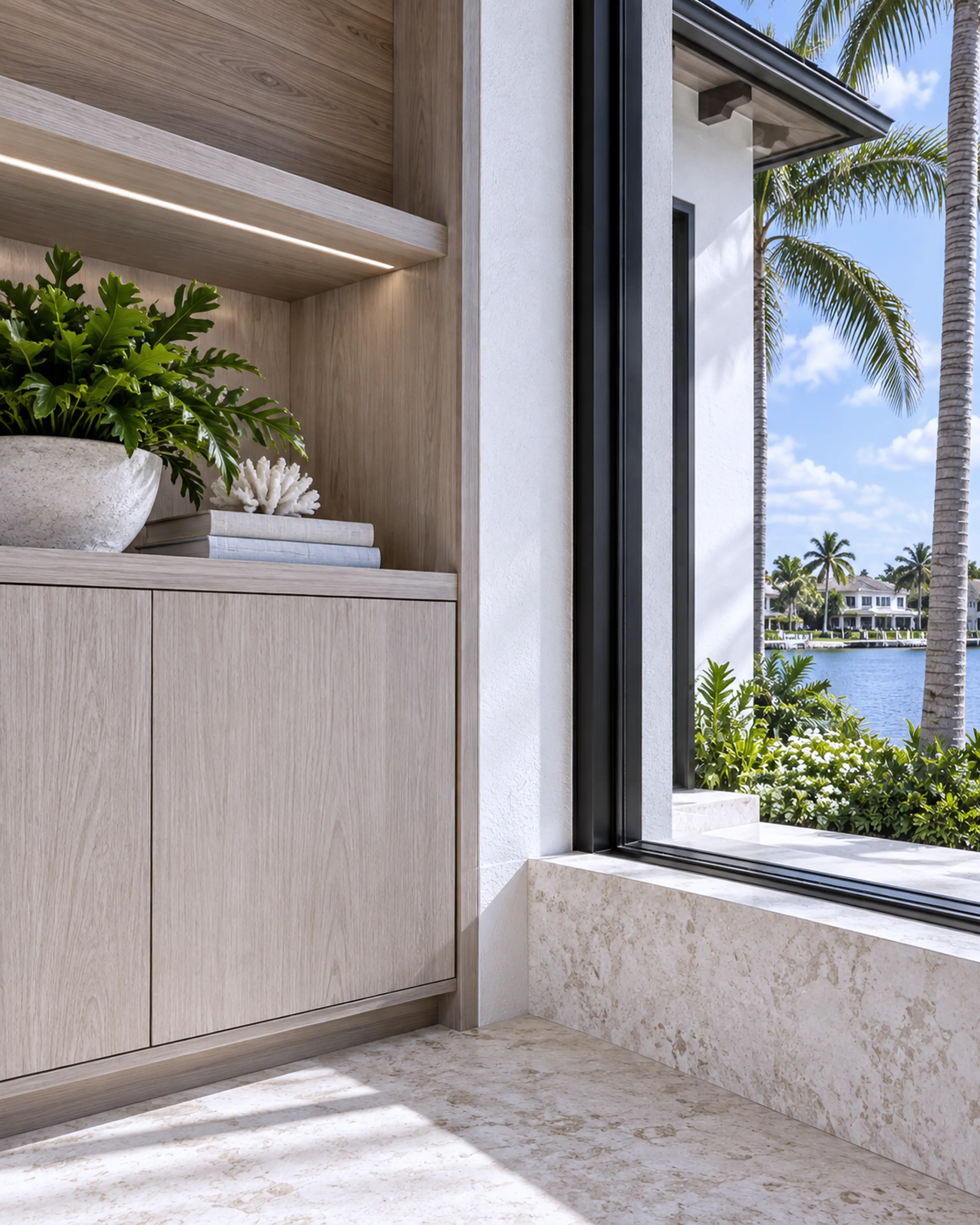 Clean-lined pale-oak storage and stone detailing beside a tropical view.