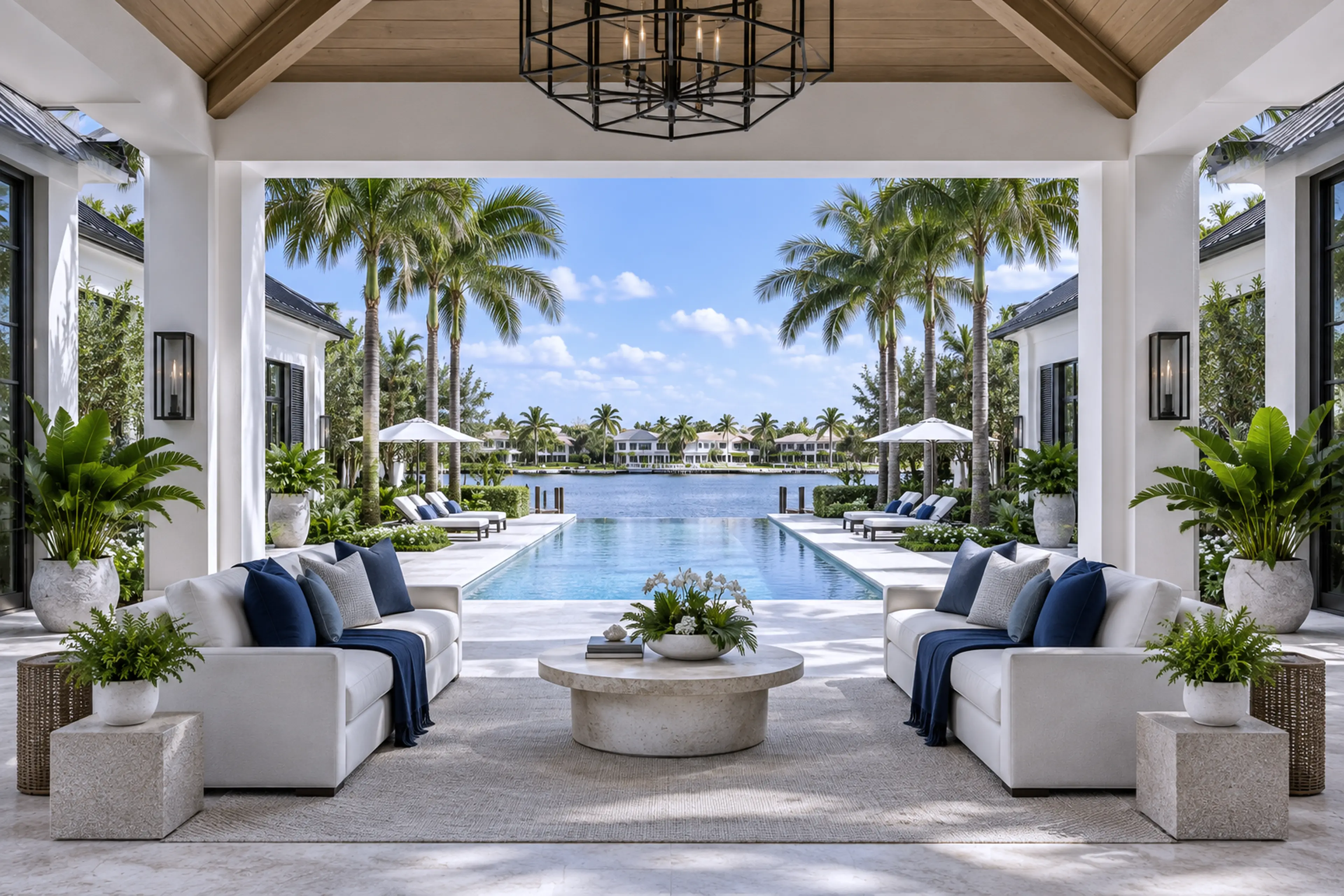 Finished terrace overlooking a pool and waterfront