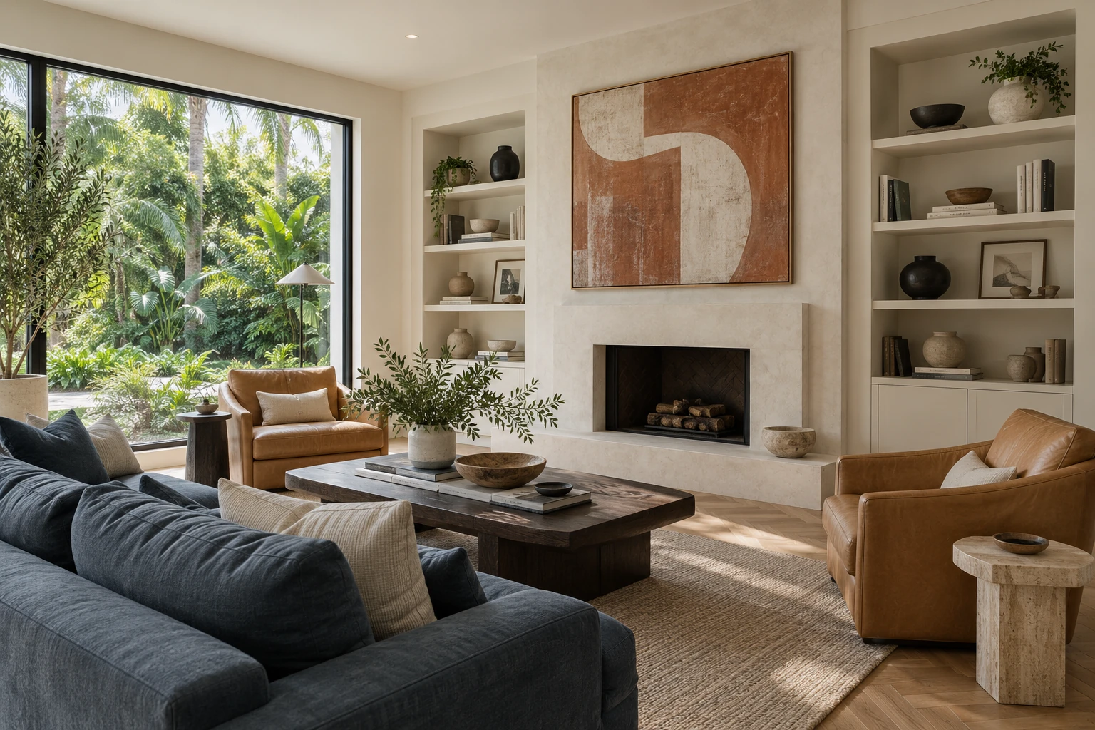 Tailored family room with a plaster fireplace, deep blue seating and layered garden views — RENOVA design concept.