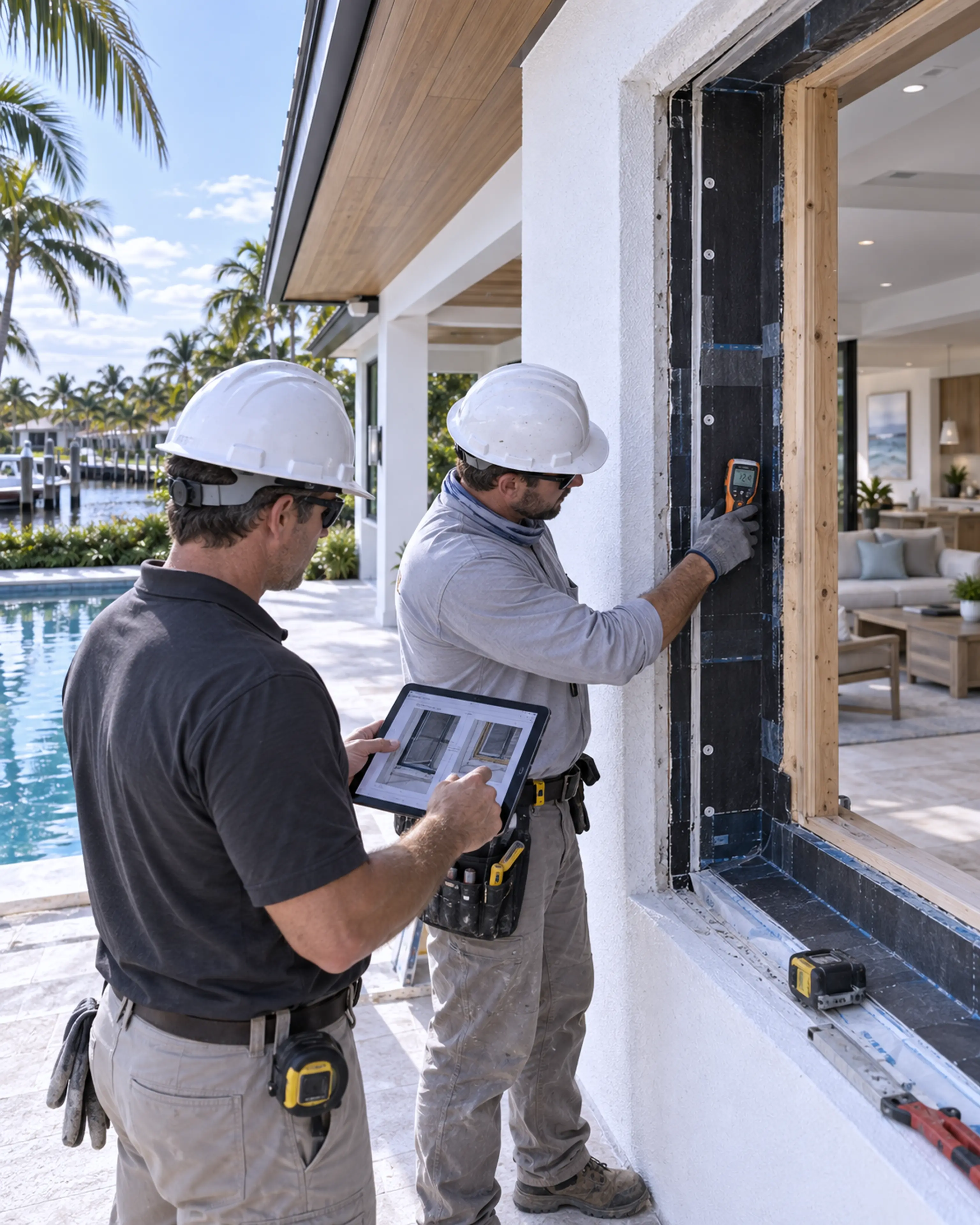 General contractor and waterproofing specialist inspecting a correctly flashed window opening.