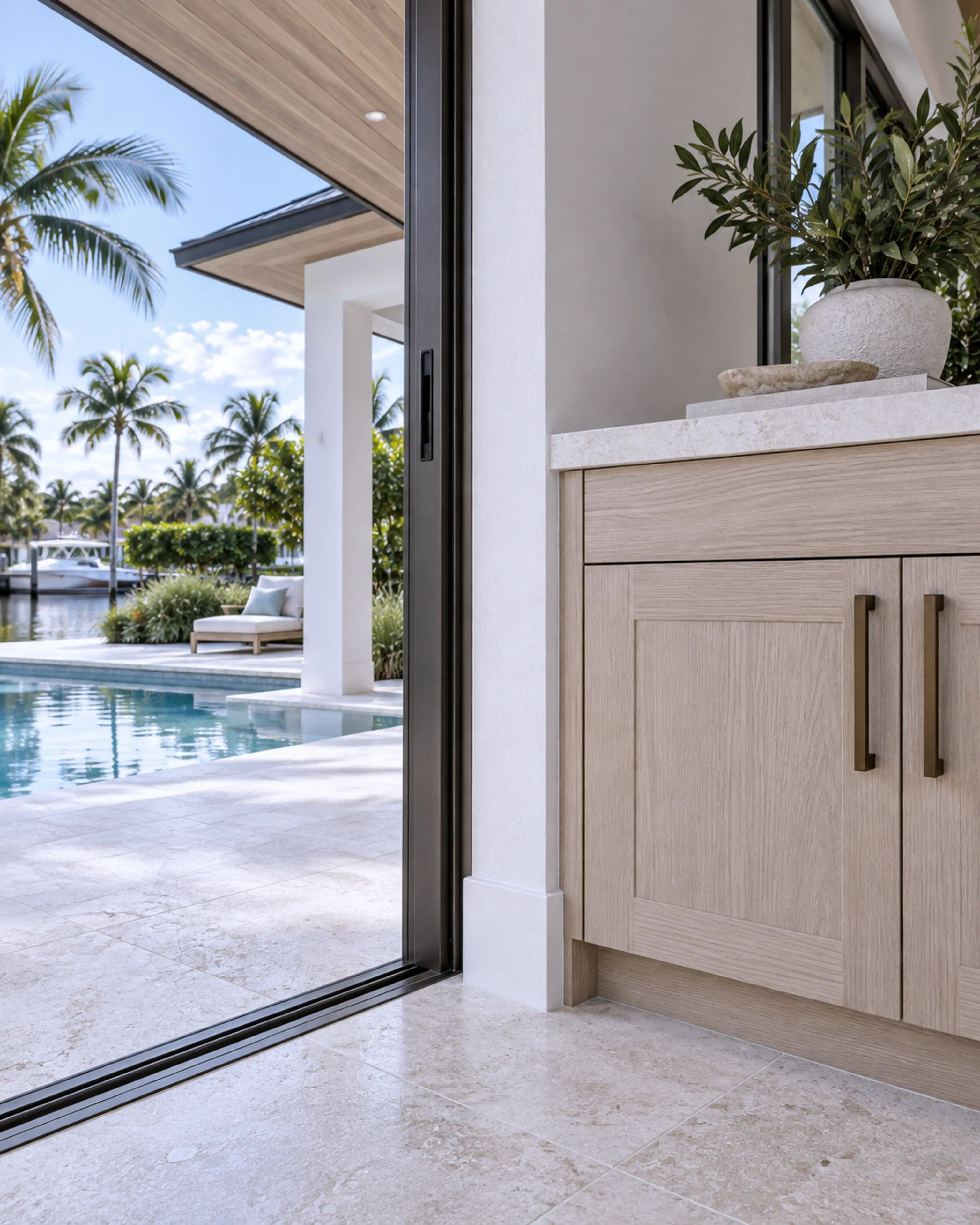 Pale-oak cabinet detail with slim hardware and clean stone surfaces.