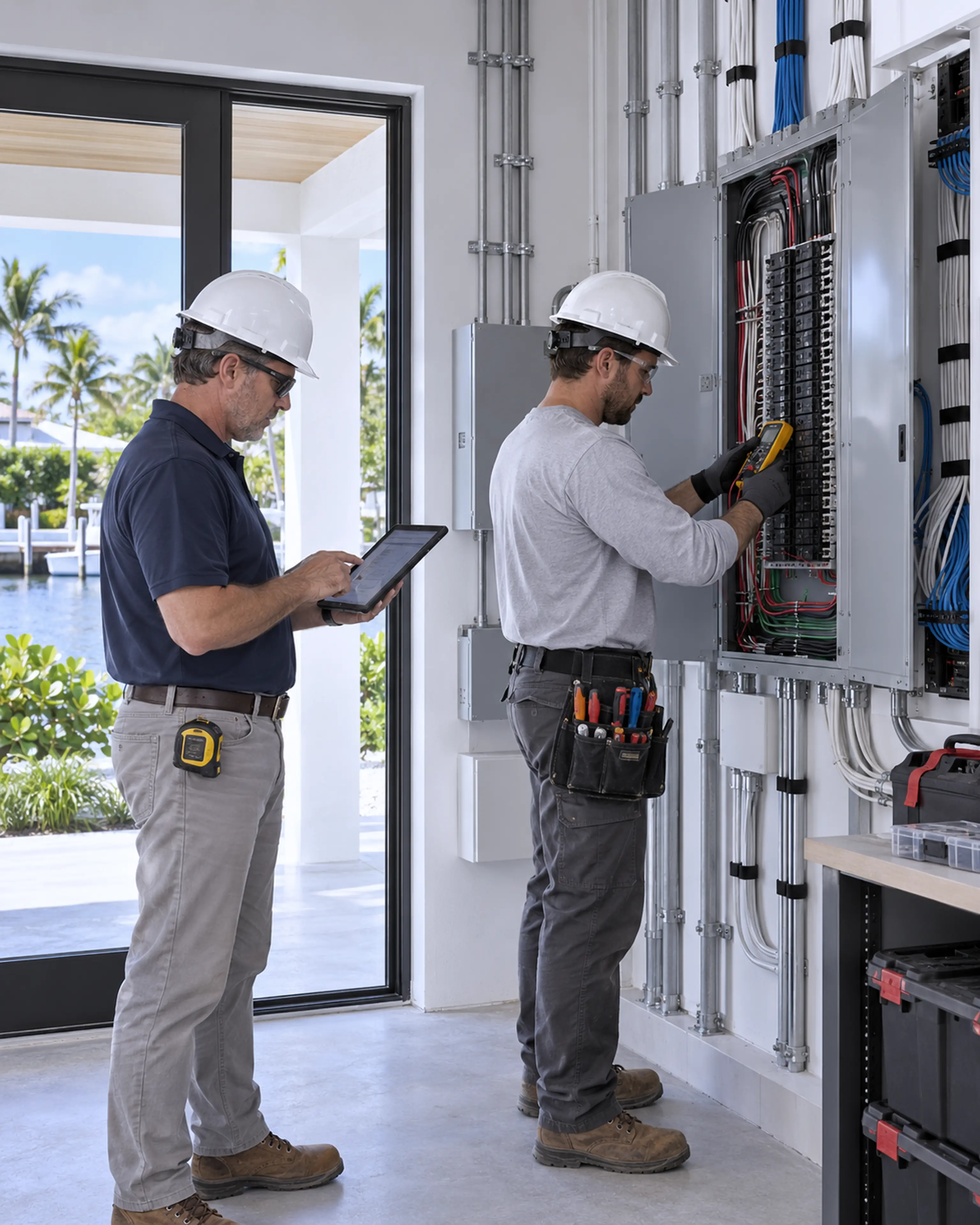 Electrician and general contractor inspecting organized residential electrical systems.