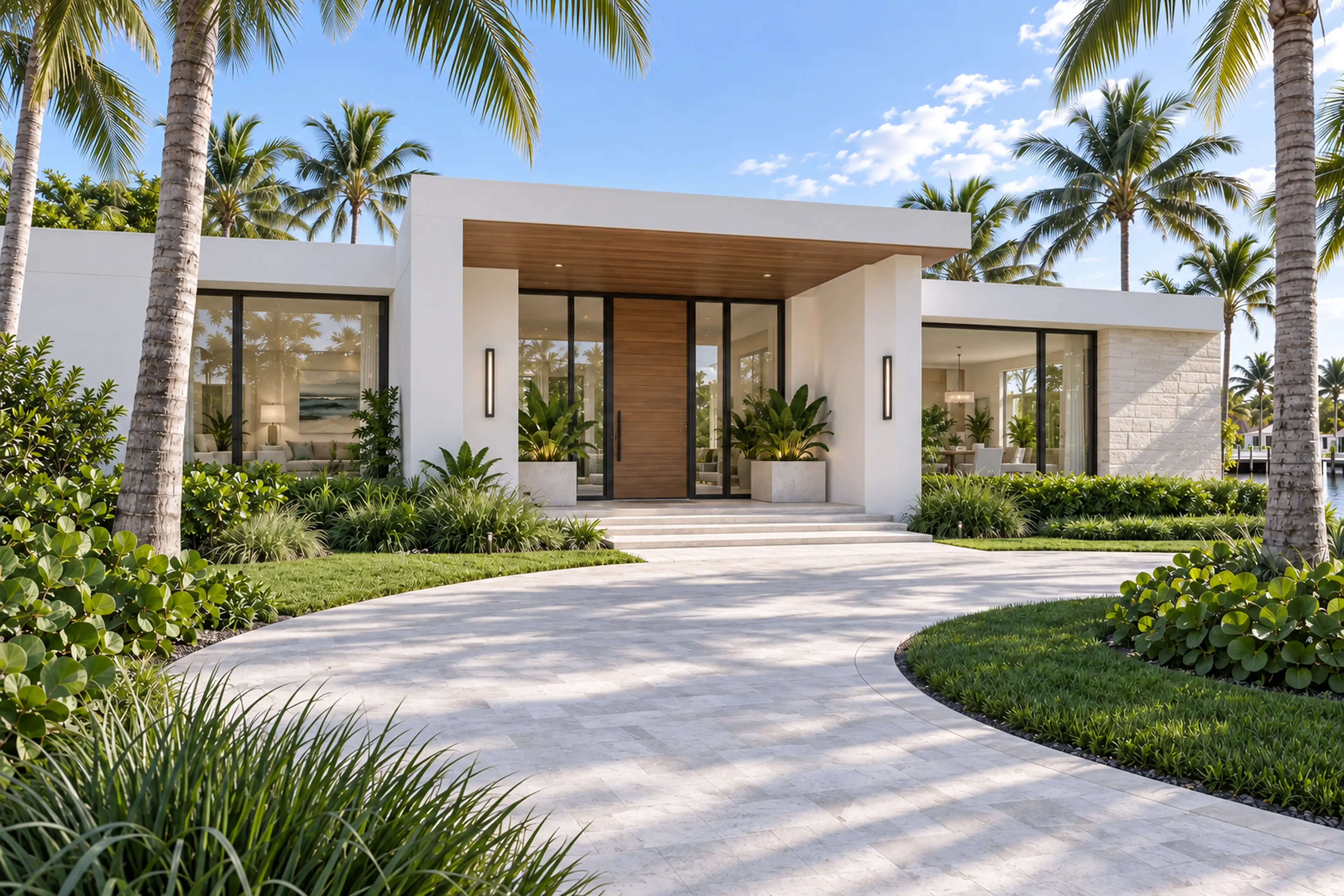 Miami Modern residence arrival with layered white volumes, pale stone, and precise tropical landscaping.