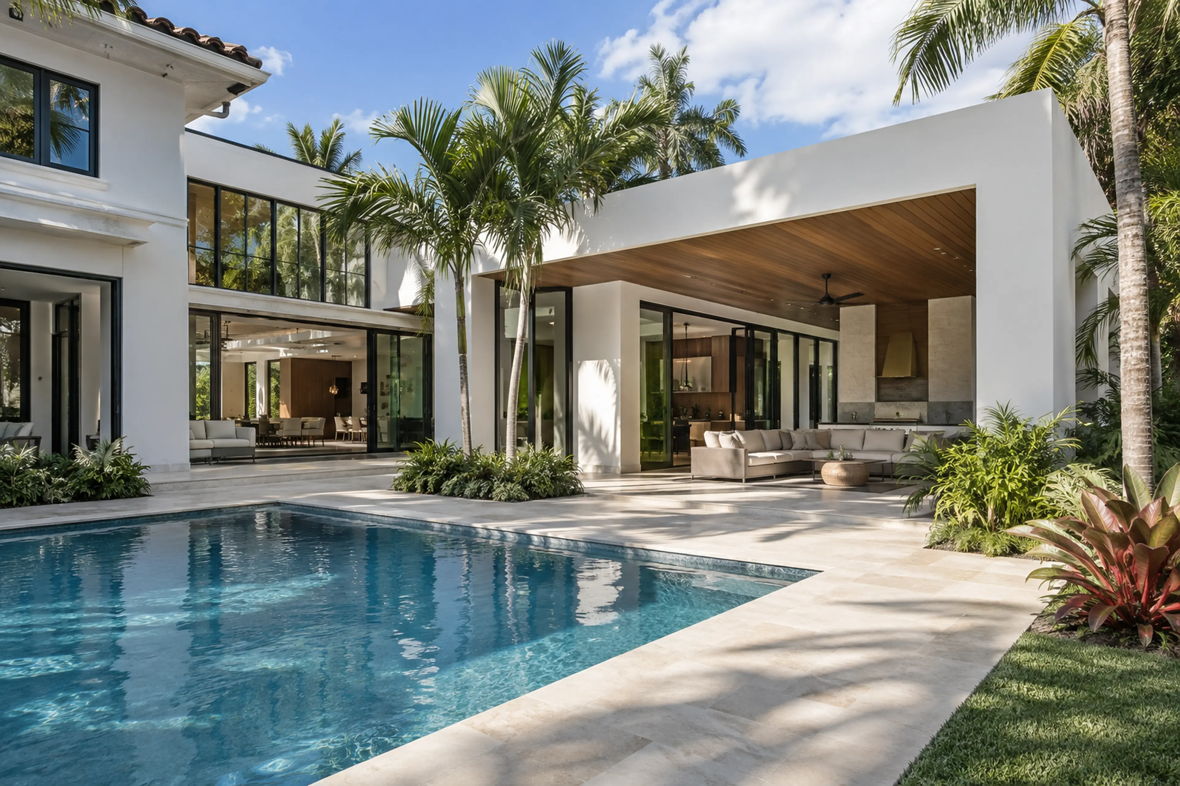 Miami Modern rear addition with crisp white volumes, walnut soffits, charcoal glazing, limestone paving, and a landscaped pool connection.