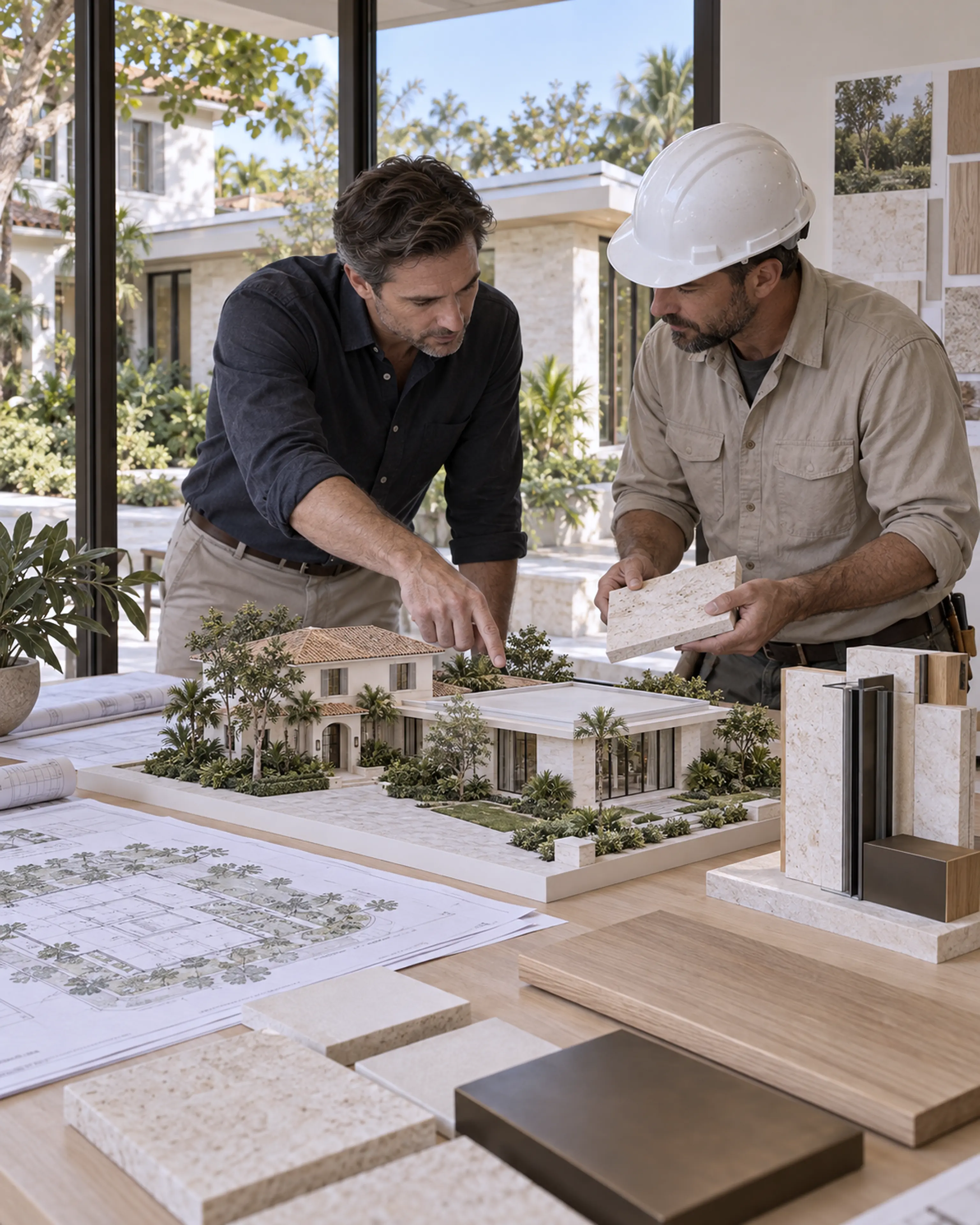 Architect and superintendent reviewing the home-addition model, structural drawings, and material selections.