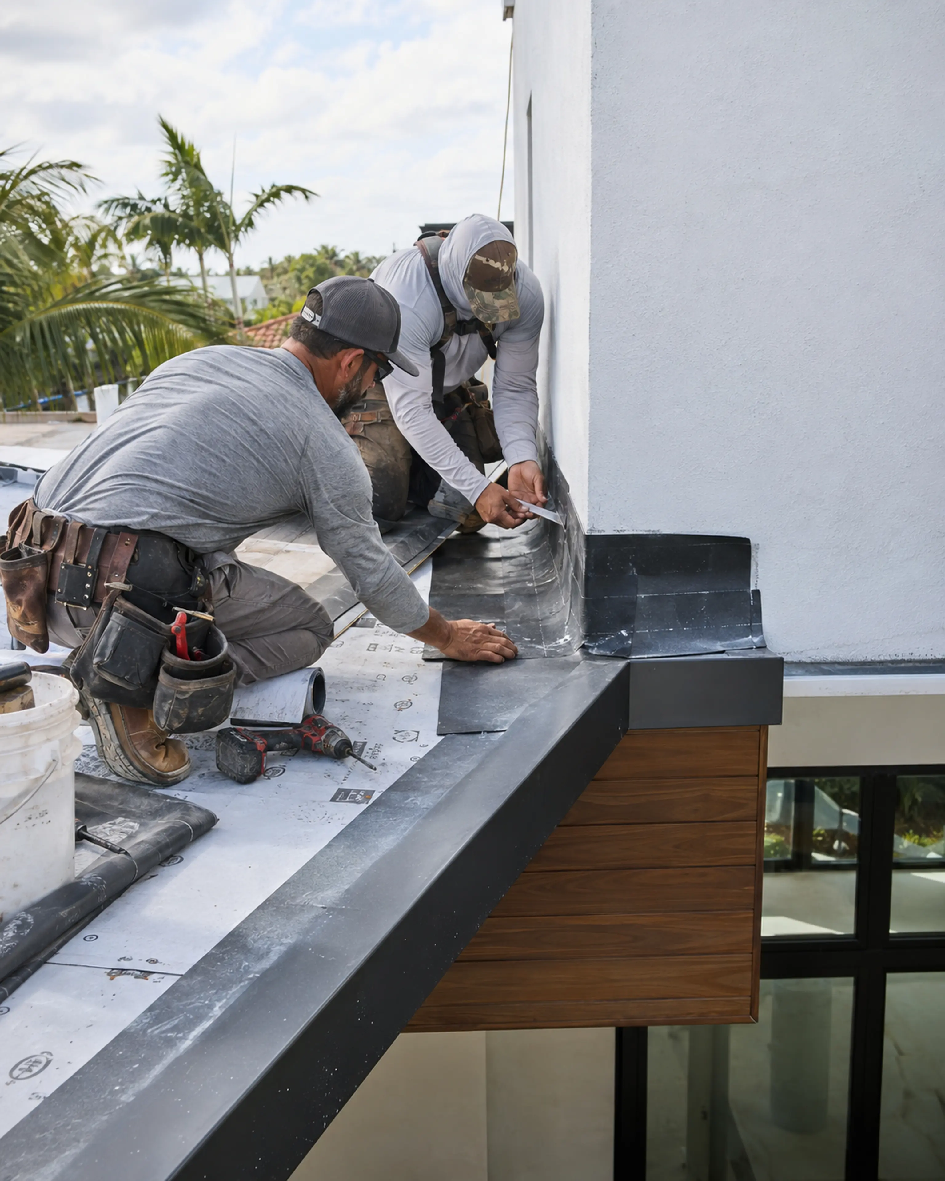 Licensed tradespeople resolving flashing and waterproofing at the roof tie-in of a Miami Modern home addition.