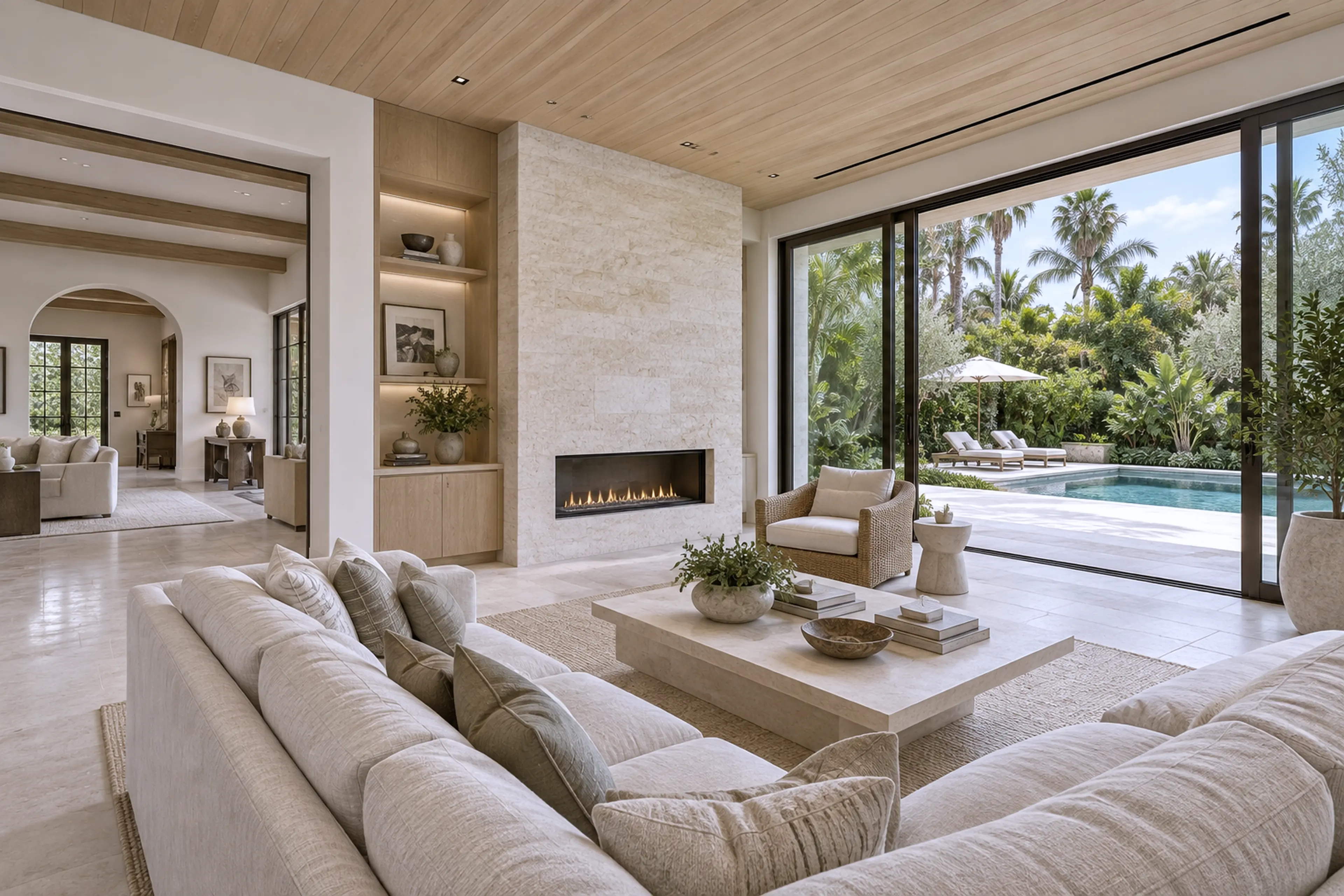 Expanded family room opening through the original residence to the new garden wing, pool, and tropical landscape.