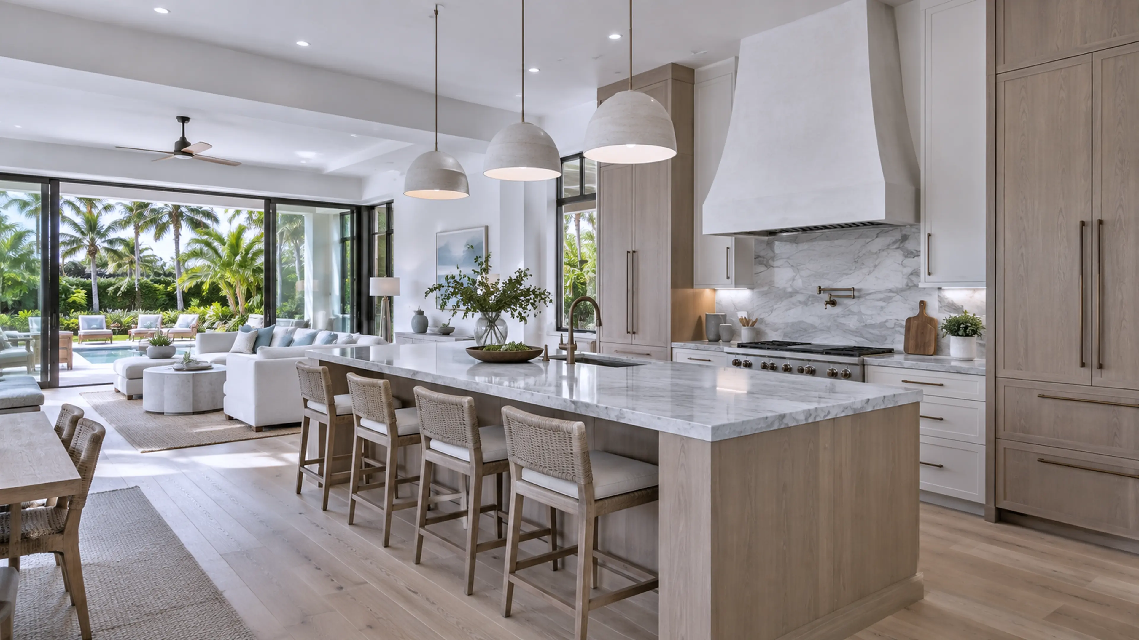 Completed Coastal Contemporary kitchen with pale oak, cool white stone, woven textures, and a direct garden connection.