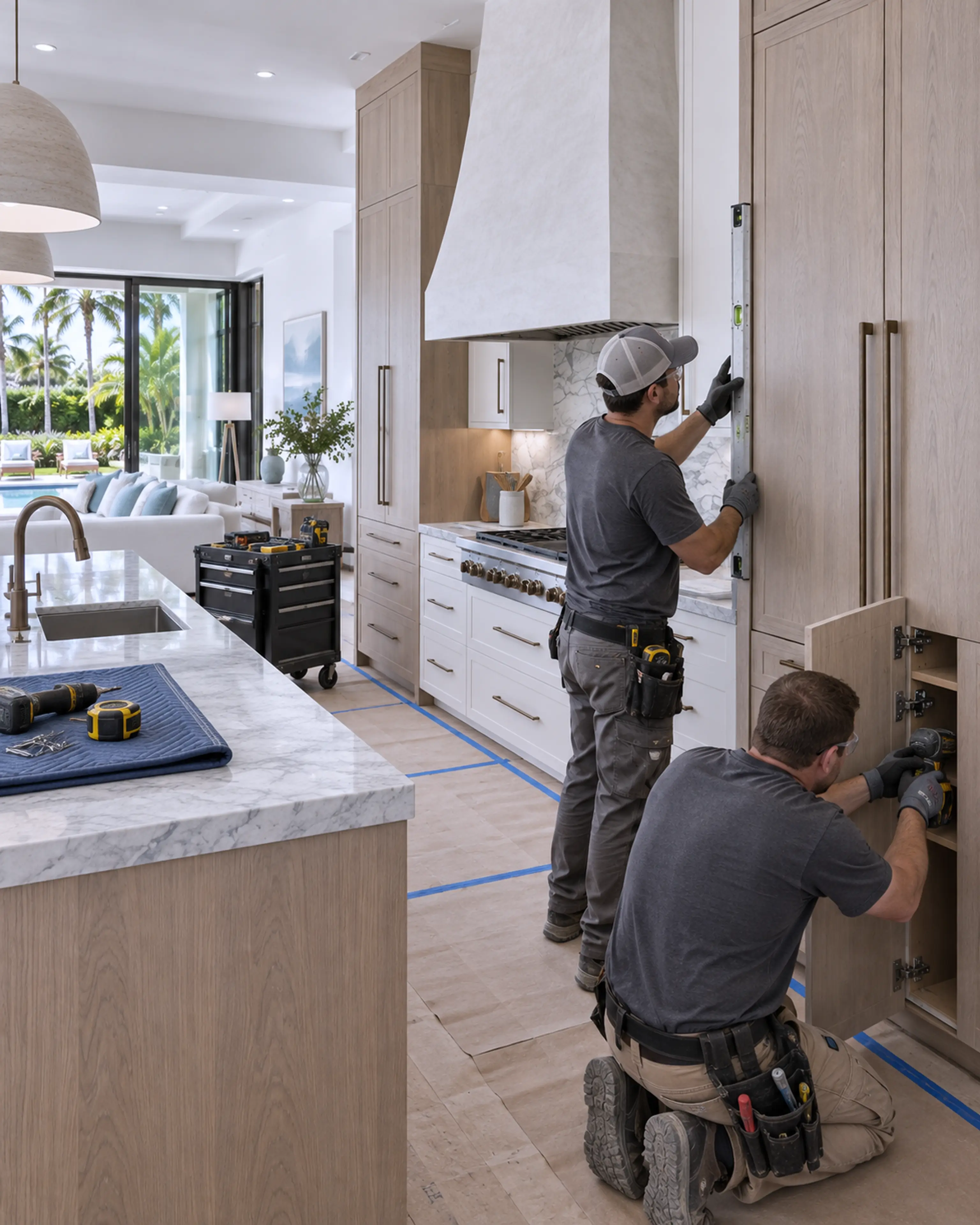 Two cabinetry professionals reviewing installation details during the kitchen renovation.