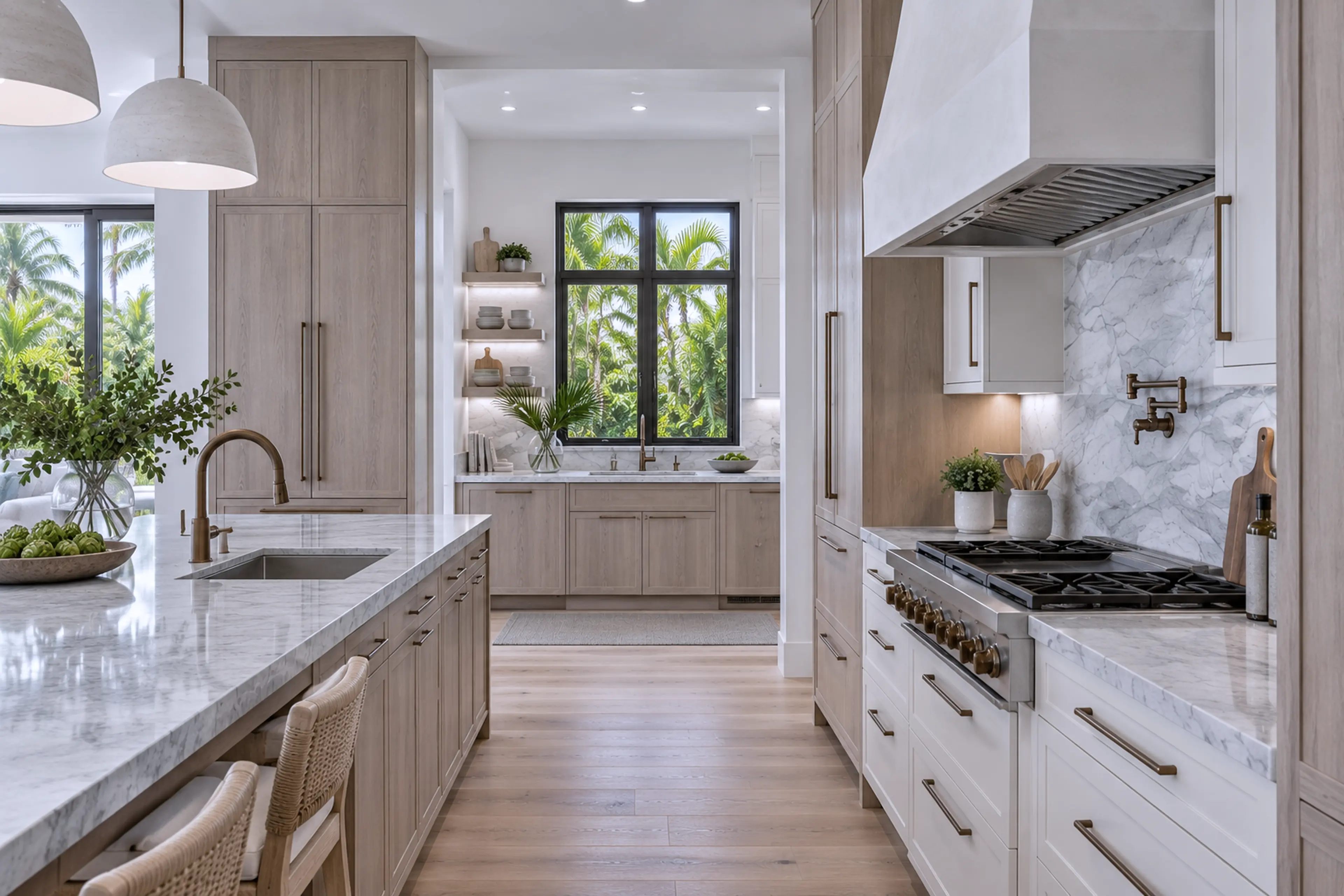Highly functional Coastal Contemporary back kitchen with integrated storage and durable natural finishes.