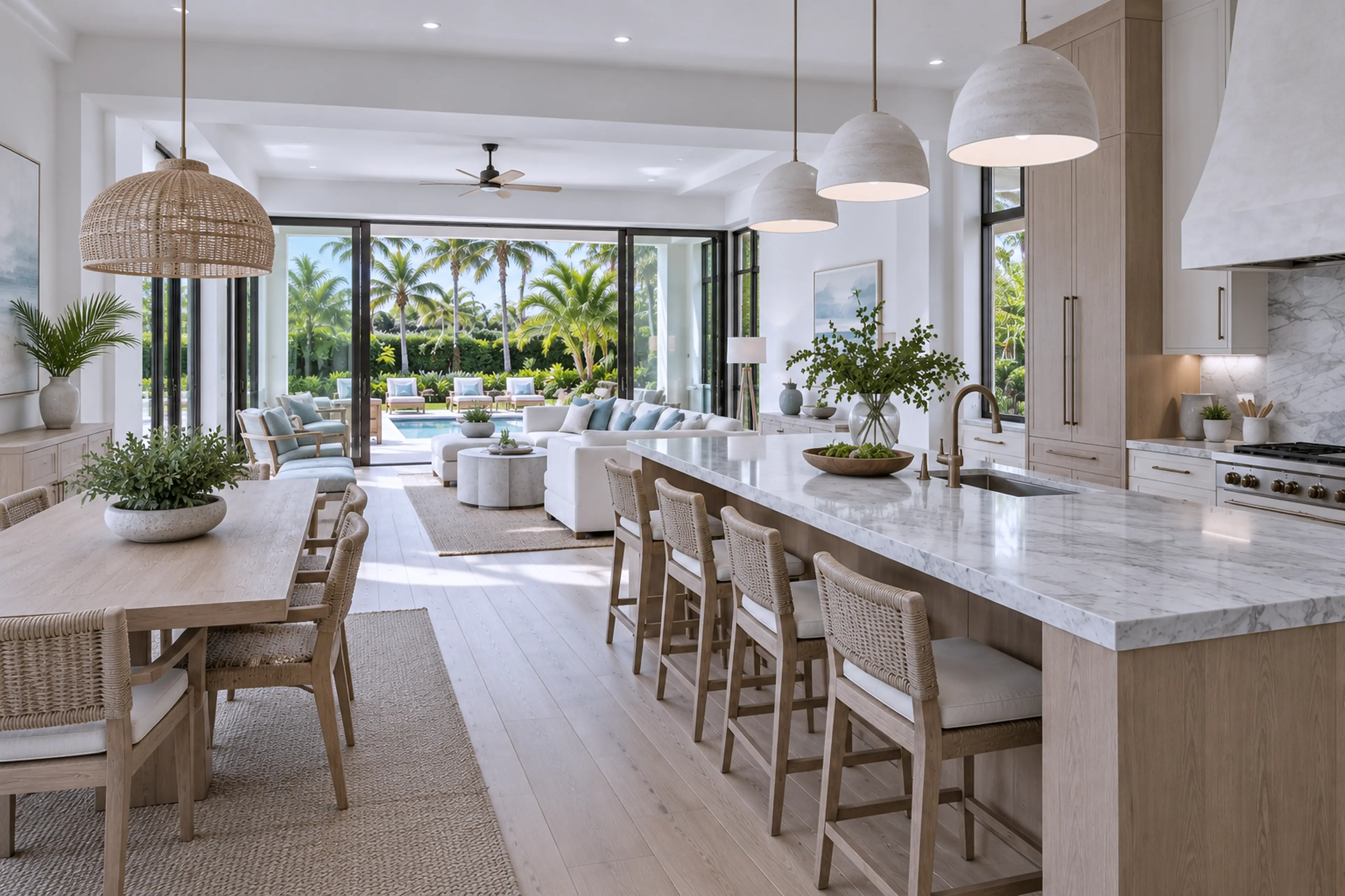 Contemporary kitchen-to-dining transition with natural wood, simple seating, and open garden views.