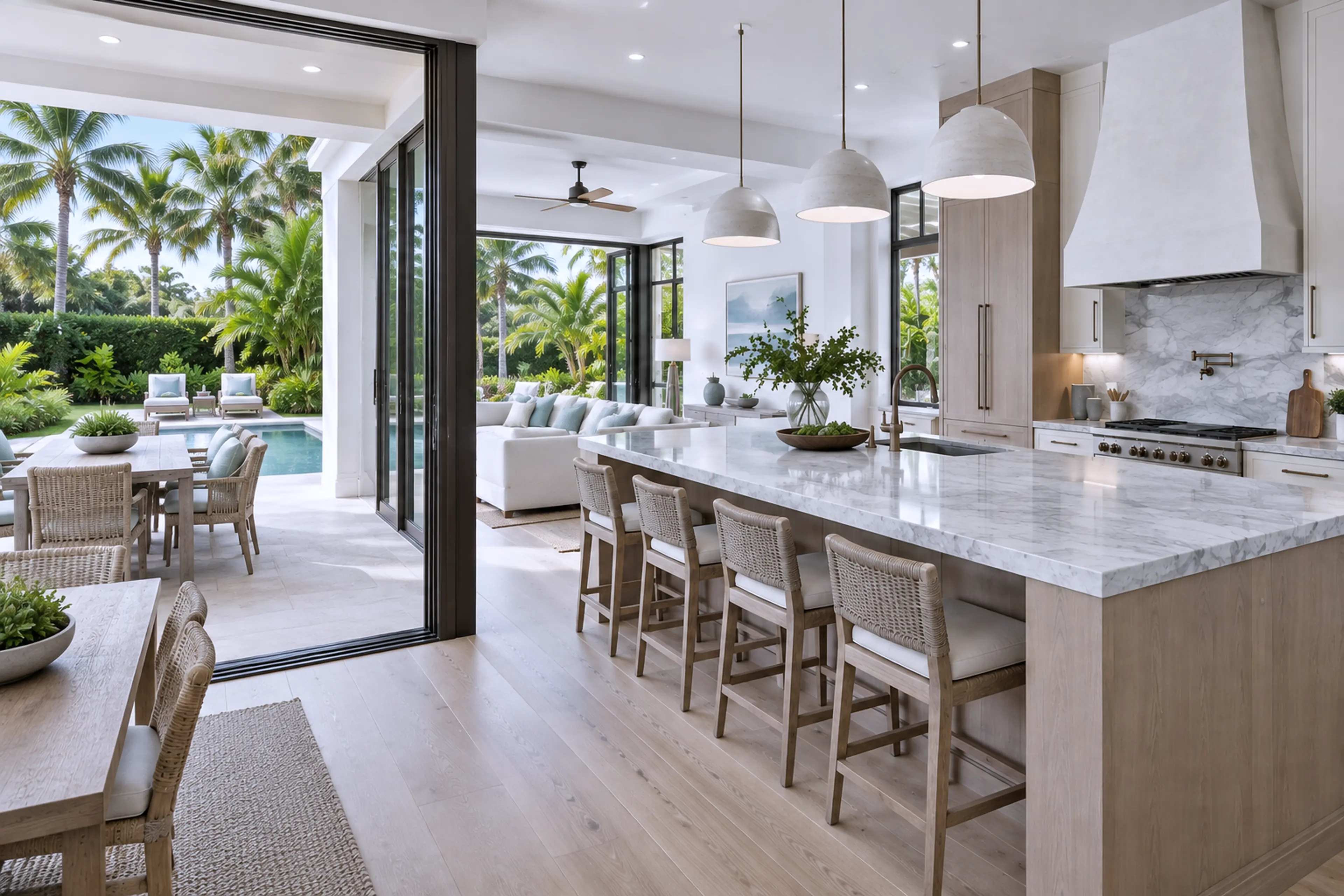 Breakfast terrace extending the Coastal Contemporary kitchen into the South Florida landscape.