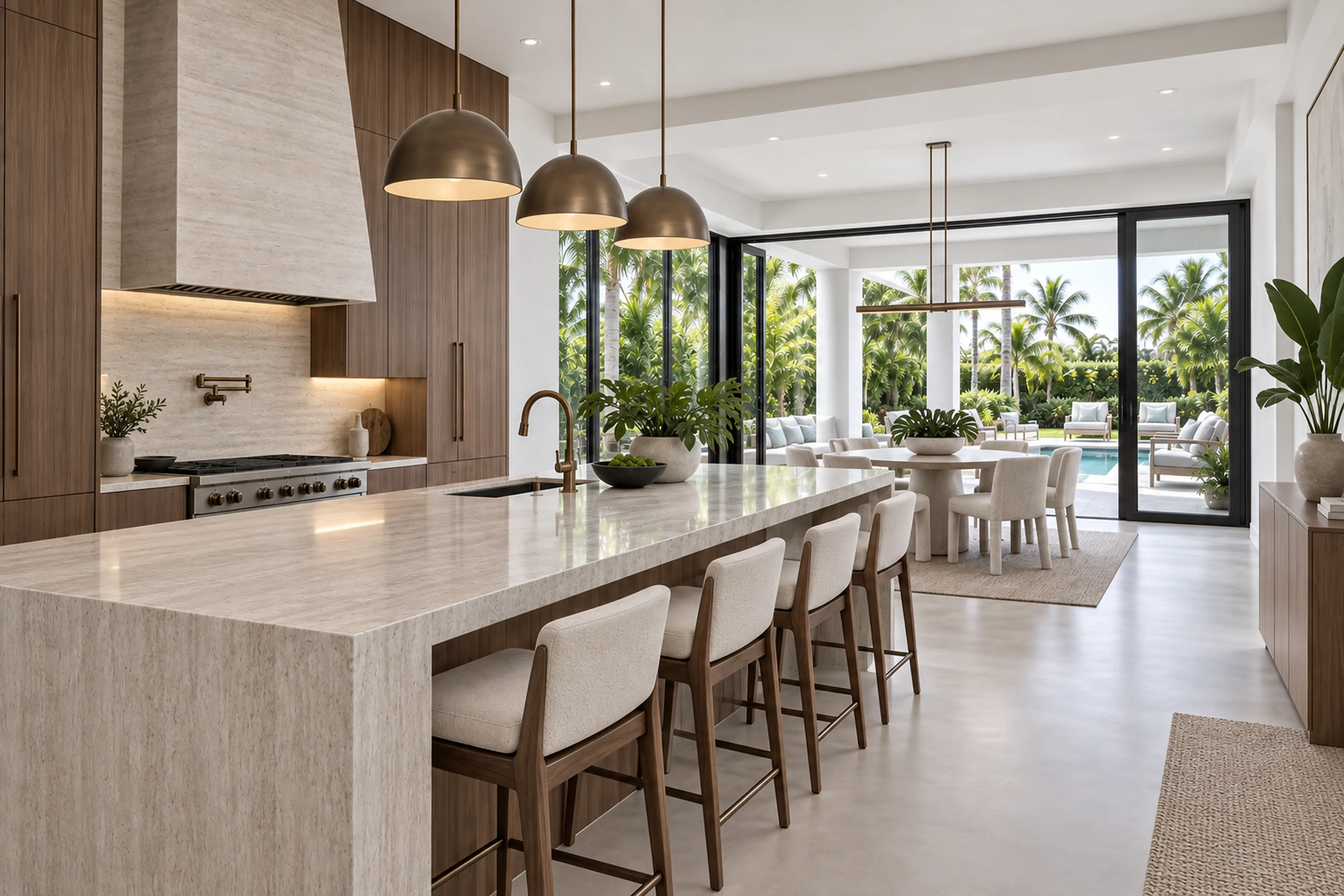 Miami Modern kitchen and dining space opening to a tropical courtyard.