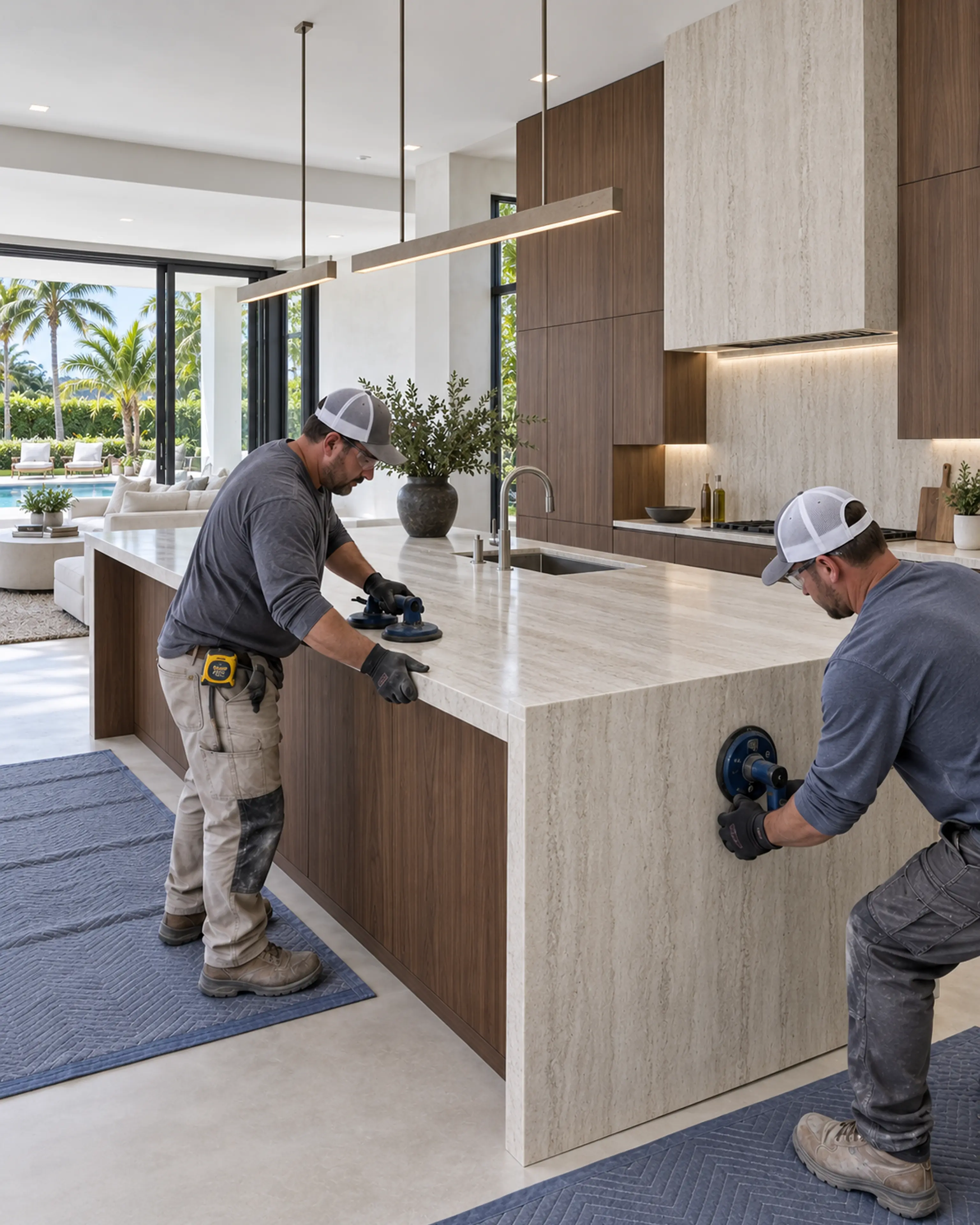 Two stone professionals coordinating a Miami Modern kitchen installation with correct PPE and tools.