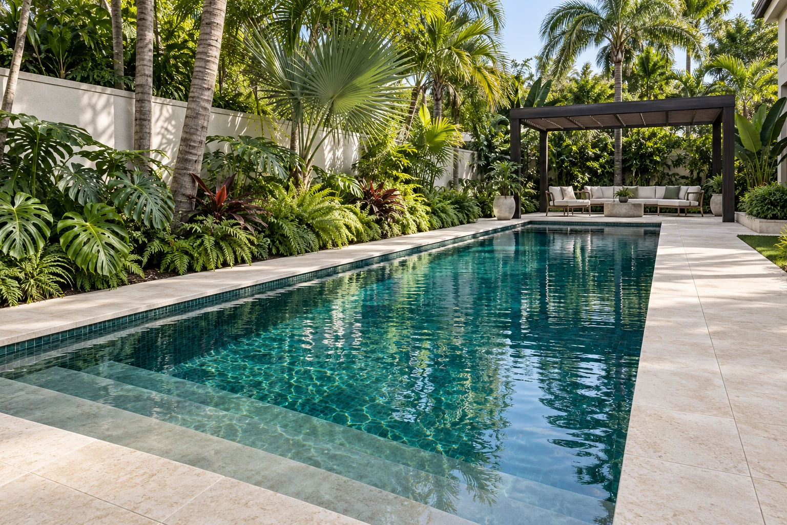 Private garden pool with deep green-blue water, limestone coping and a shaded pergola — RENOVA design concept.