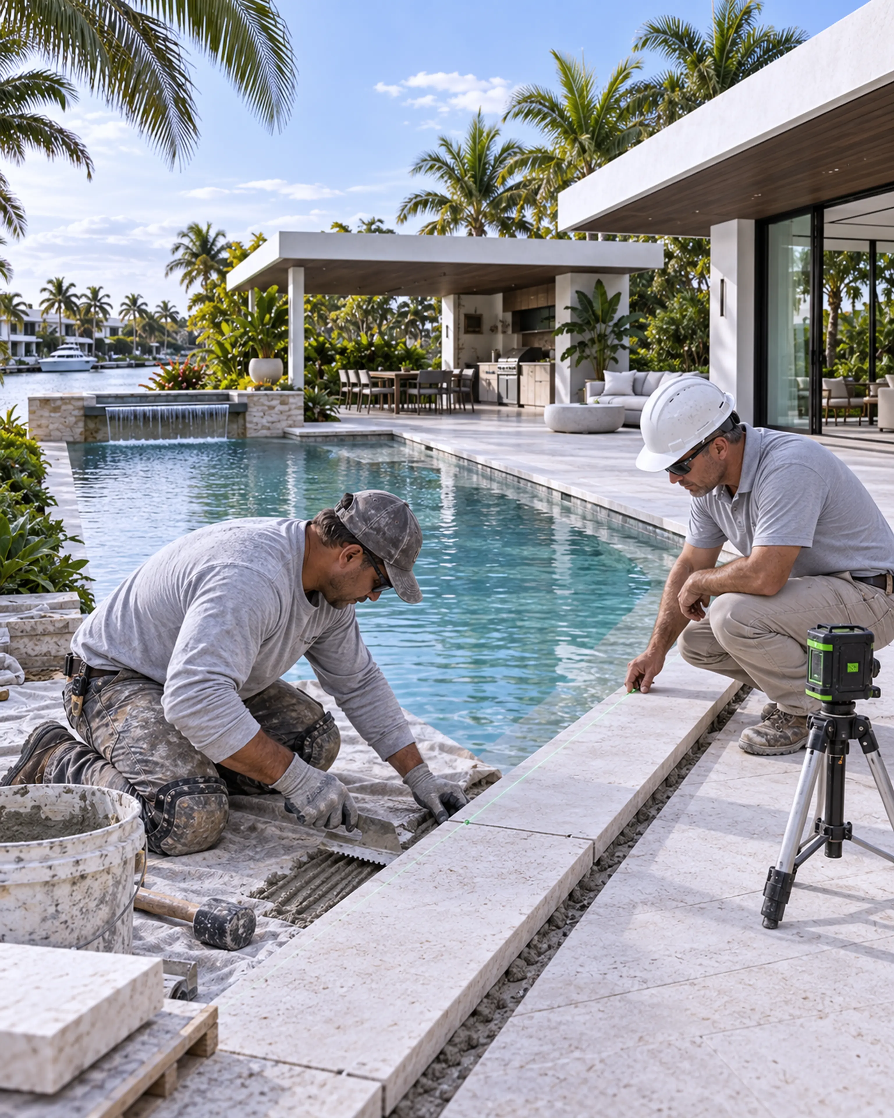 Two pool professionals checking shellstone coping alignment during construction.