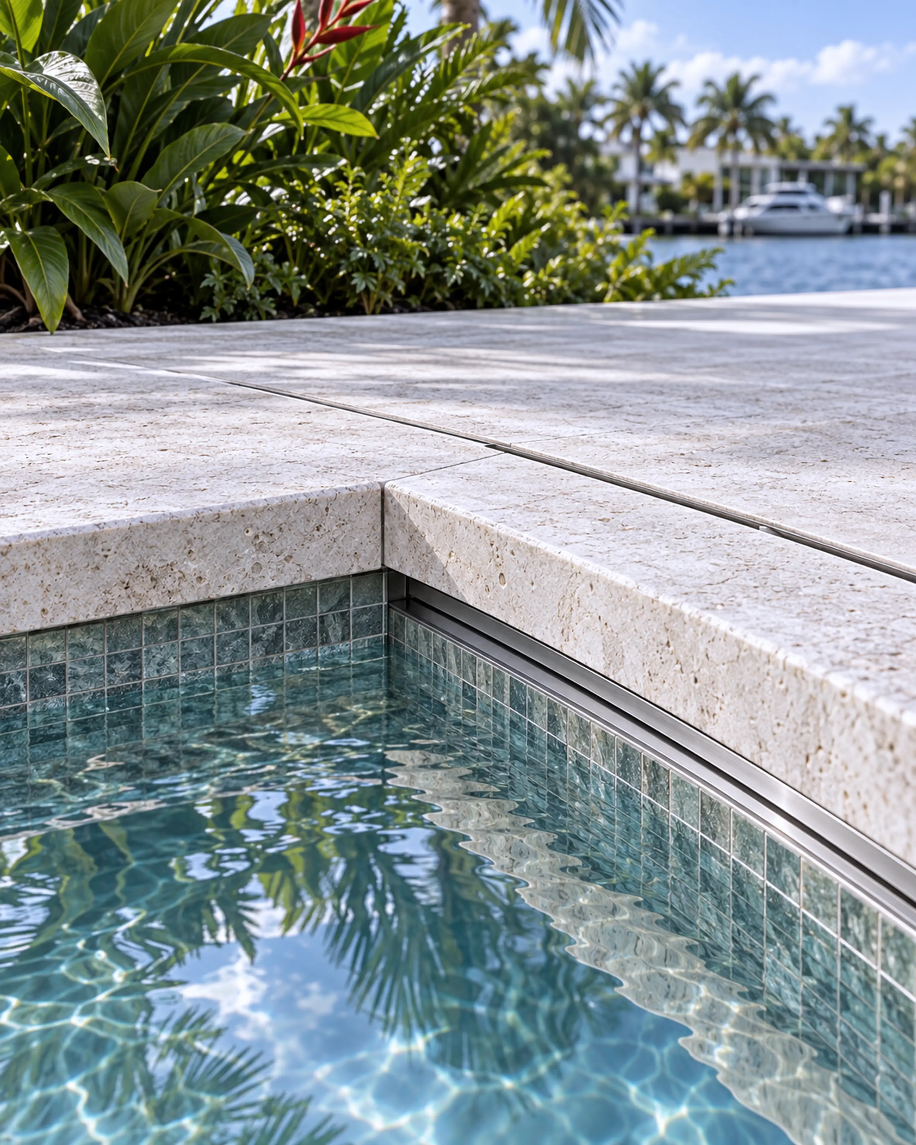 Minimal limestone pool coping and quiet waterline tile beside tropical planting.
