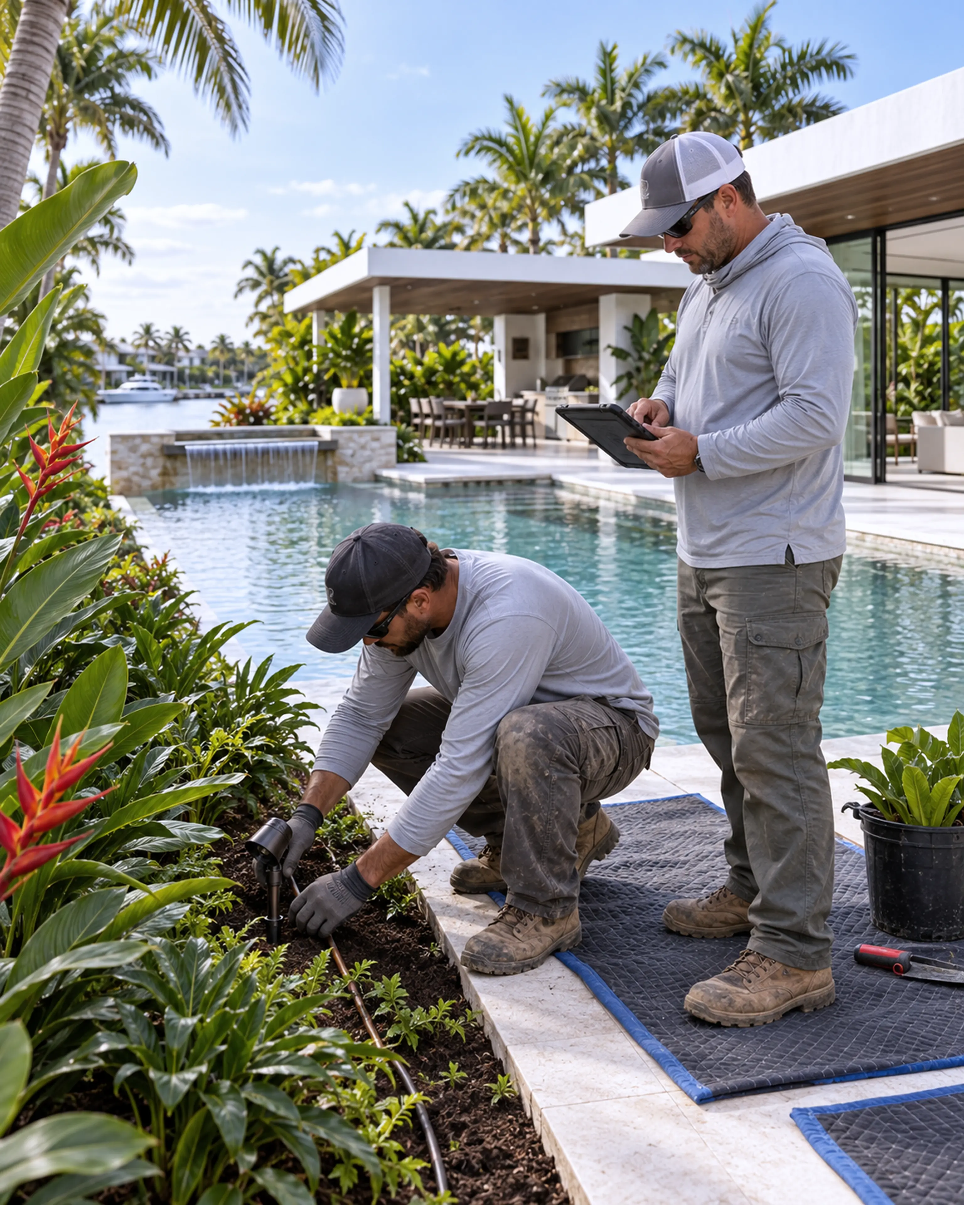 Two landscape professionals installing the final tropical planting beside the pool terrace.