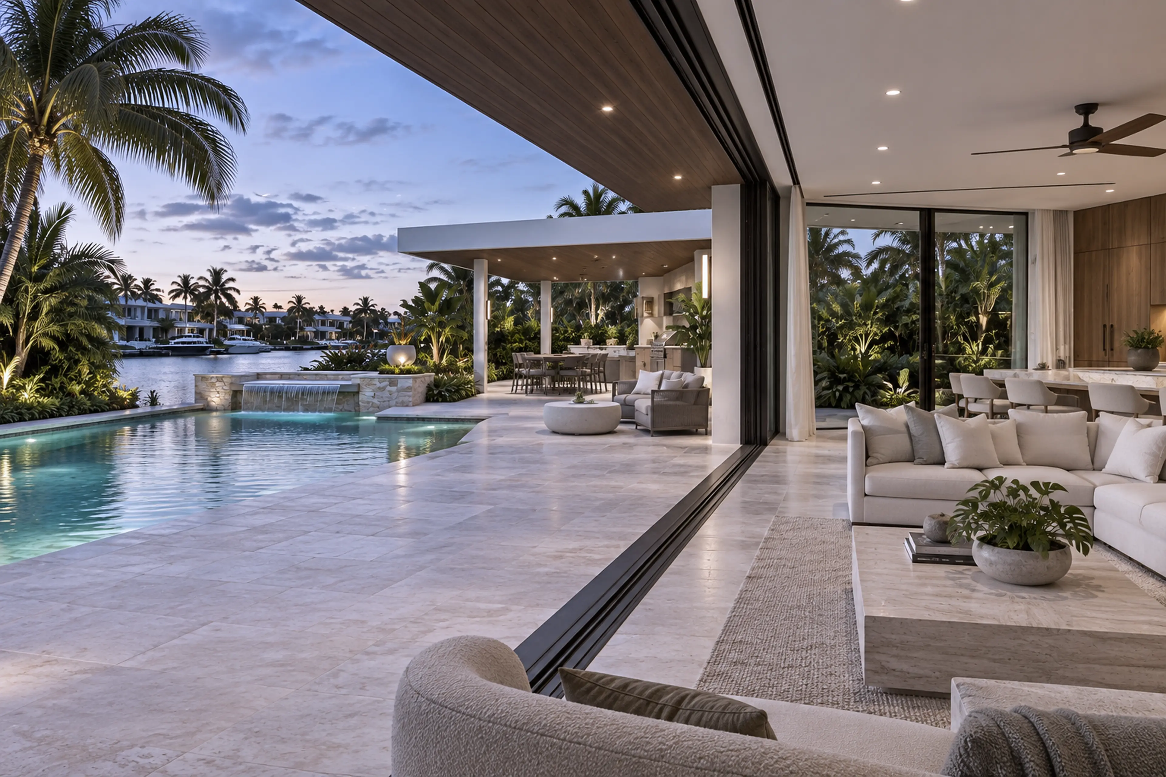 Indoor-outdoor living spaces, pool, and waterfront beginning to glow at dusk.