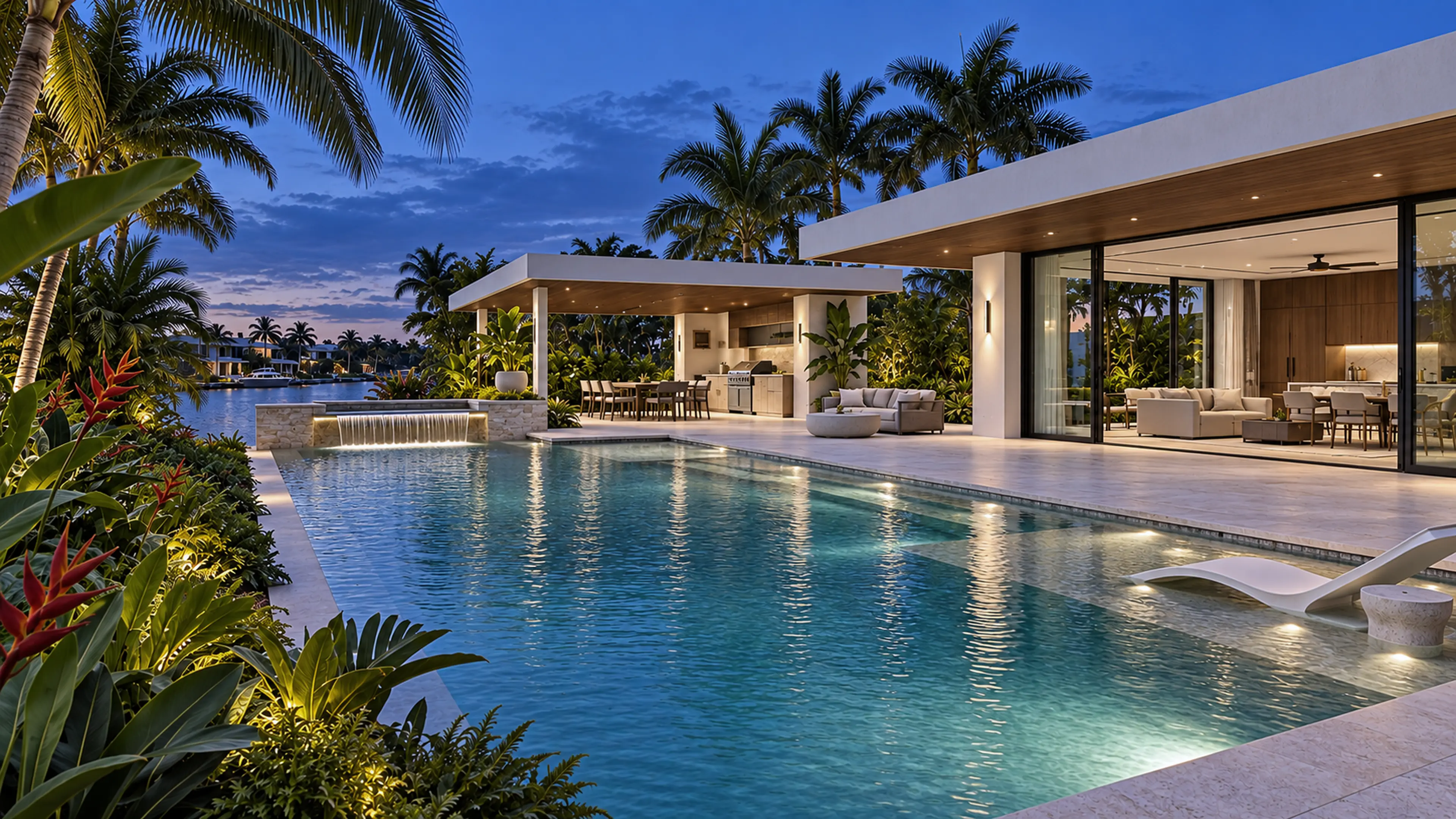 Completed waterfront pool and Coastal Contemporary home at blue hour.