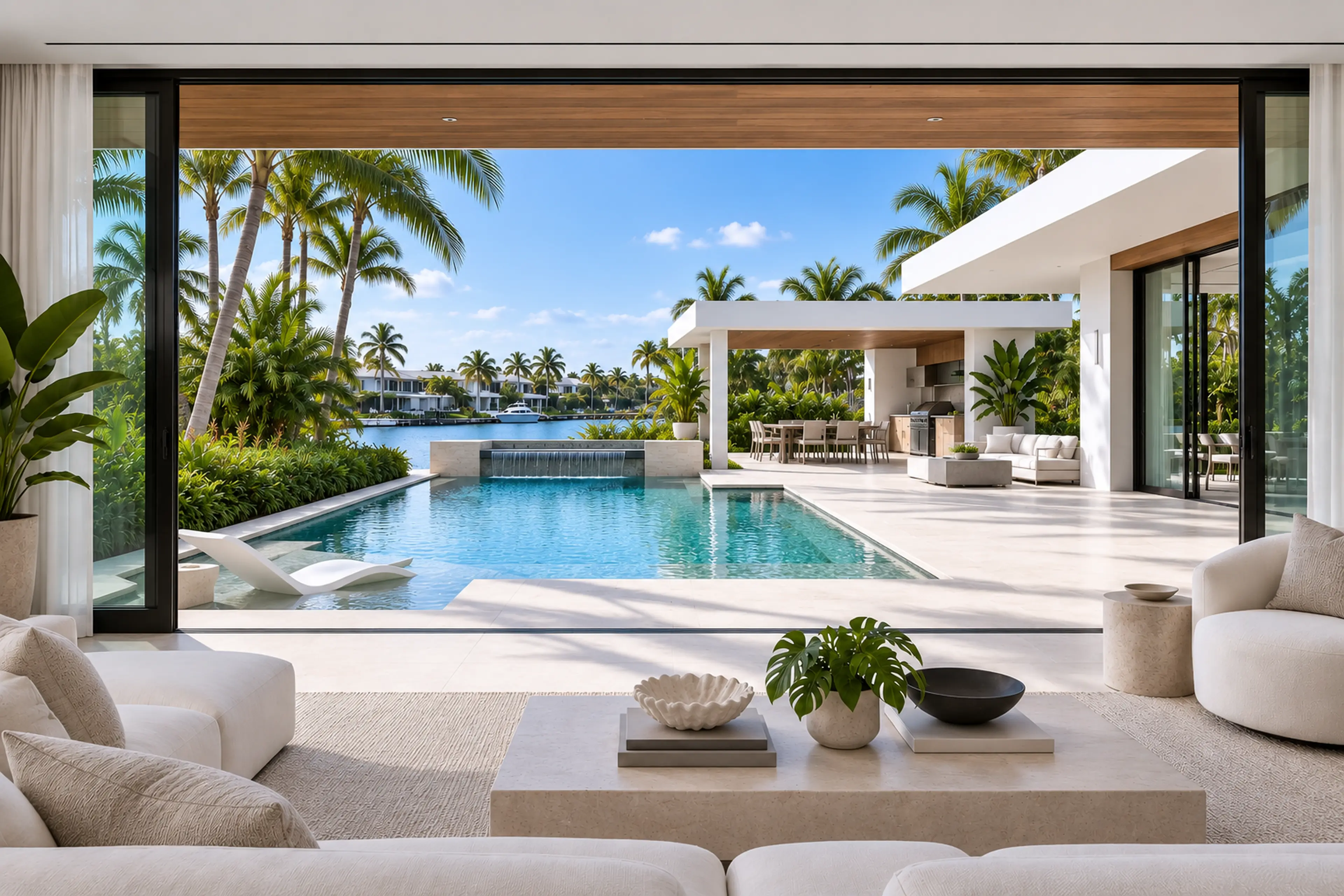 Miami Modern indoor-outdoor living space aligned to a renovated waterfront pool.
