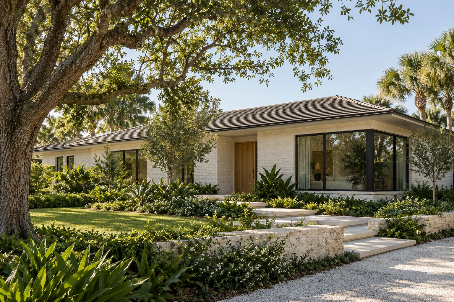 Renewed single-story garden home with limewashed brick, steel-framed glazing and layered planting — RENOVA design concept.