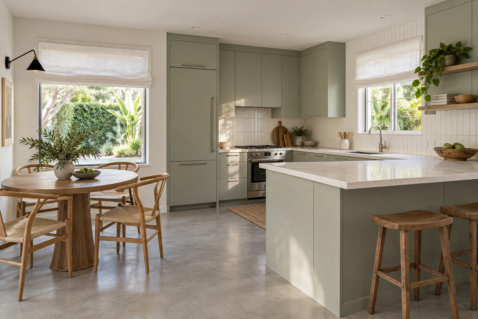 Renovated family kitchen with muted sage cabinetry, a practical peninsula and a garden dining corner — RENOVA design concept.