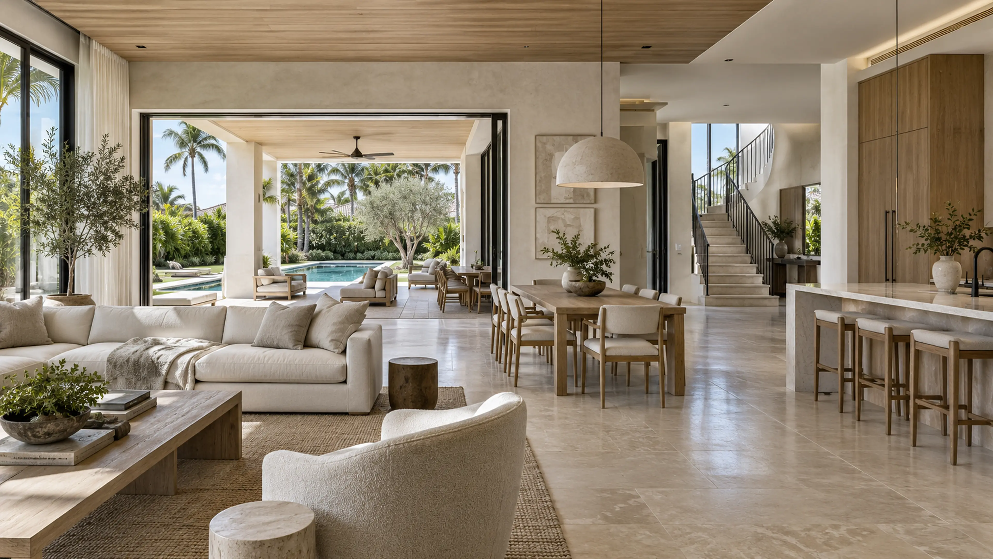 Completed Delray Beach whole-home renovation connecting the living room, dining room, custom kitchen, loggia, pool, and tropical garden.