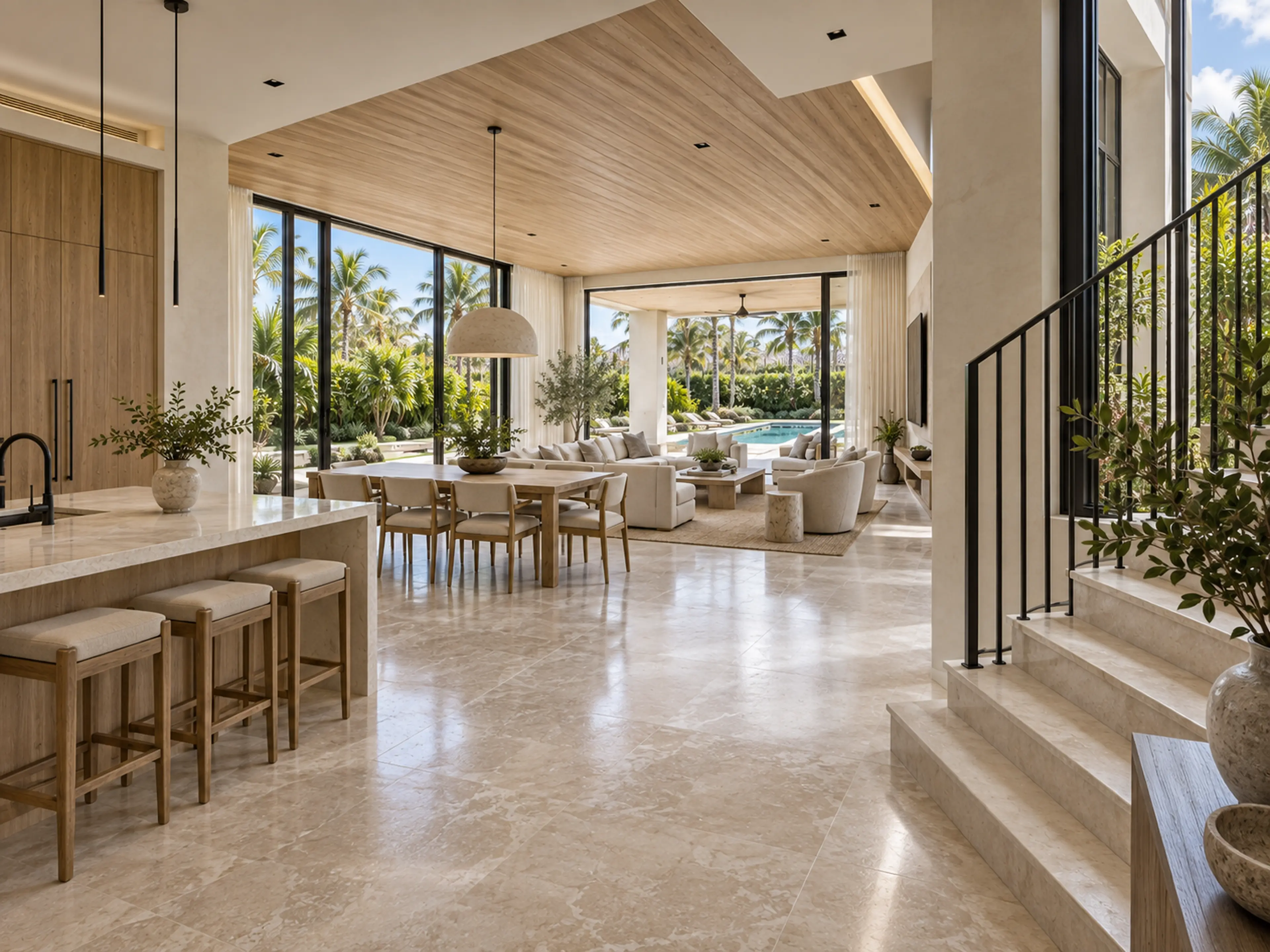 Connected kitchen, dining room, living room, stair, and pool views demonstrating the completed home's circulation and sightlines.