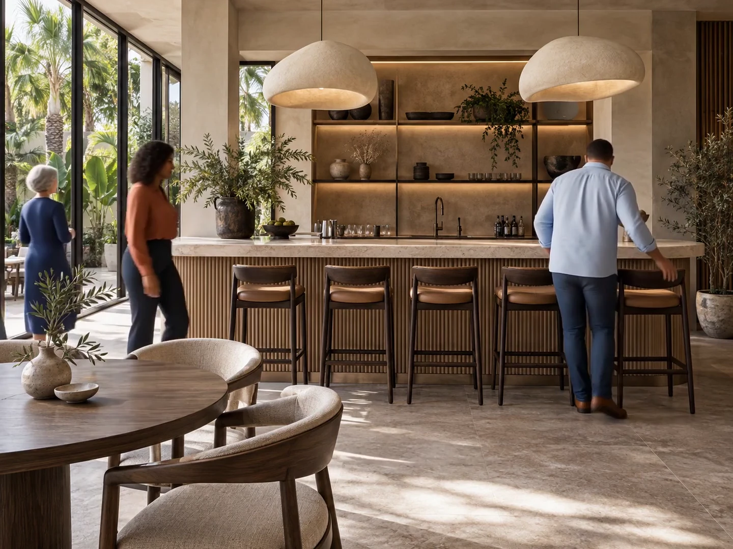 Guests walking and gathering around a hospitality lounge bar