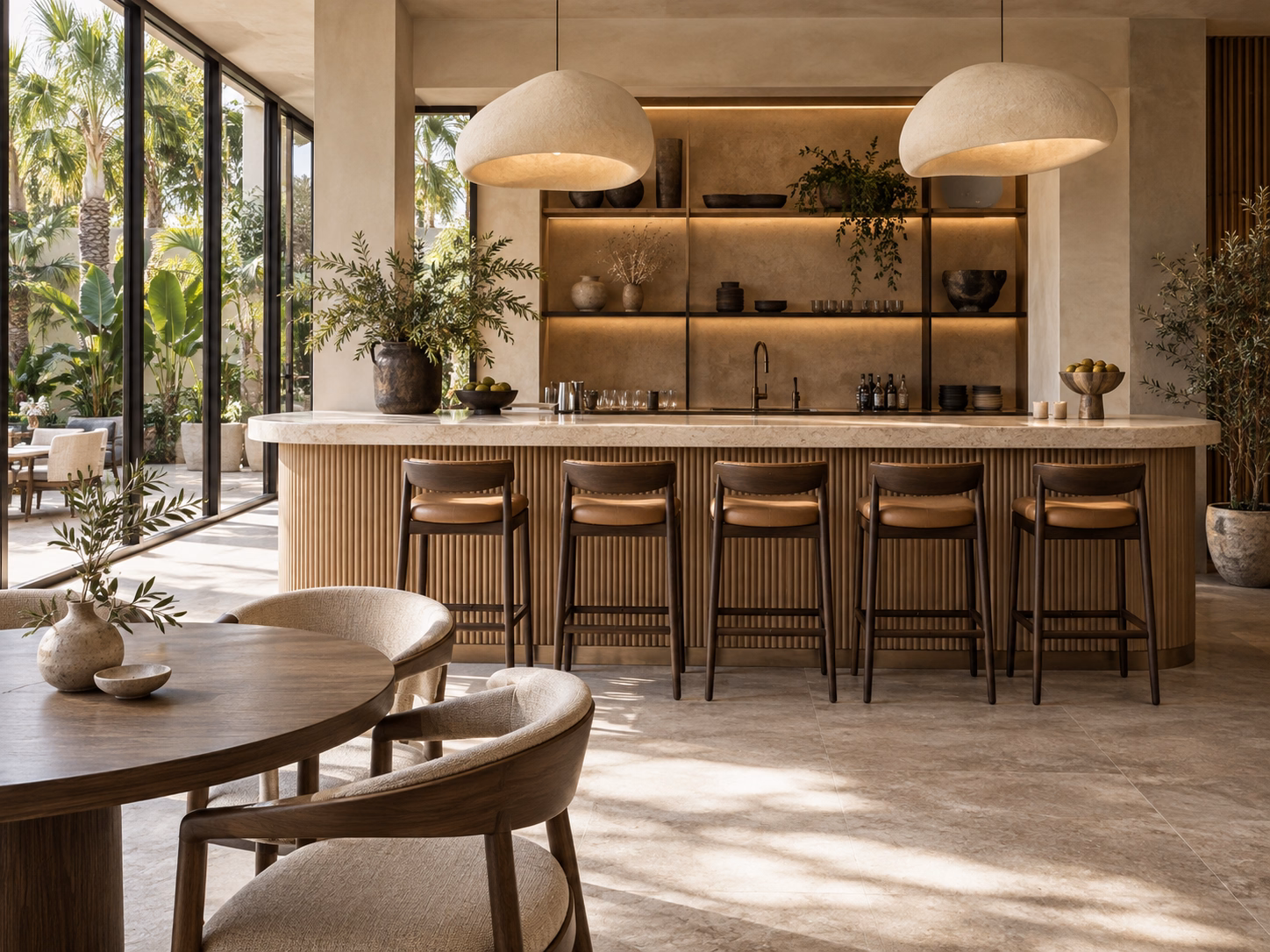 RENOVA hospitality design concept with a travertine bar, warm oak, sculptural pendants, and tropical courtyard glazing