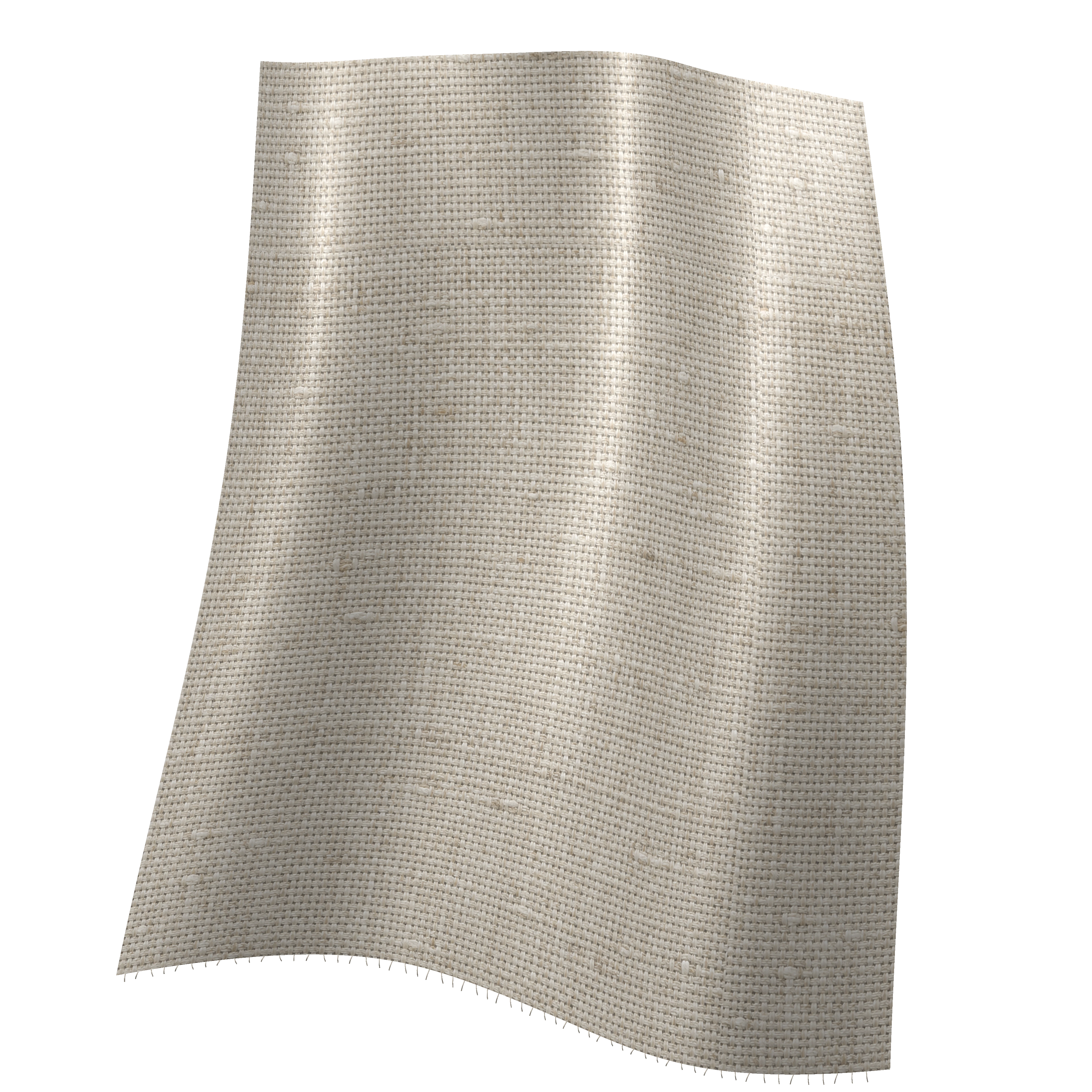 A natural flax linen swatch with irregular woven yarns, soft asymmetric folds and a lightly frayed lower edge.