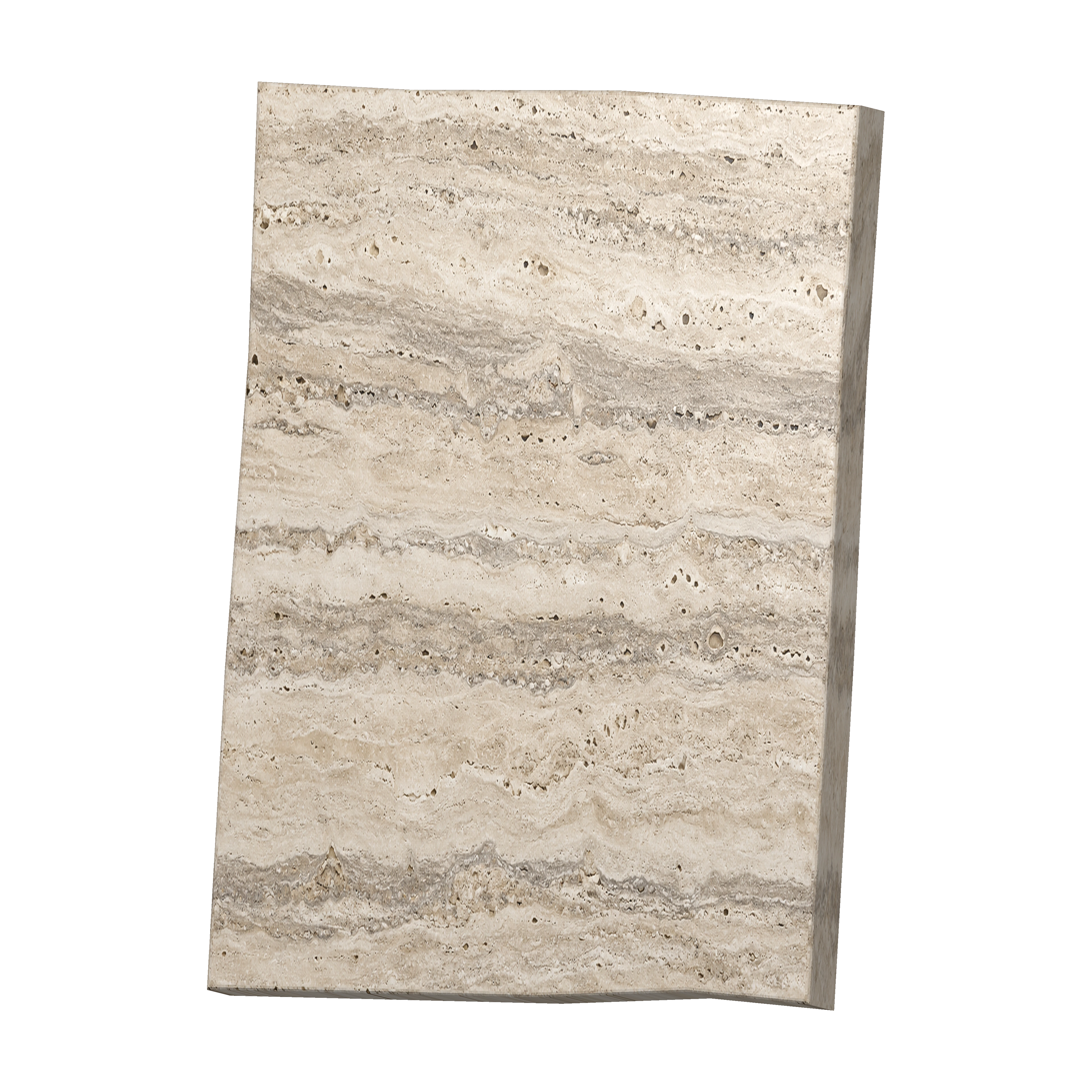 An oversized ivory travertine slab, showing its mineral bands, natural pores and finished edge.
