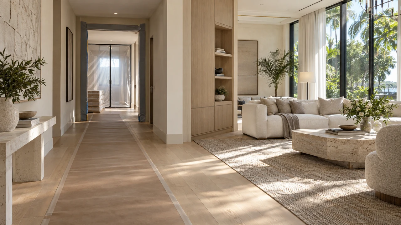 A carefully protected pathway beside a sunlit living room, with a separate work doorway beyond. Illustrative interior.